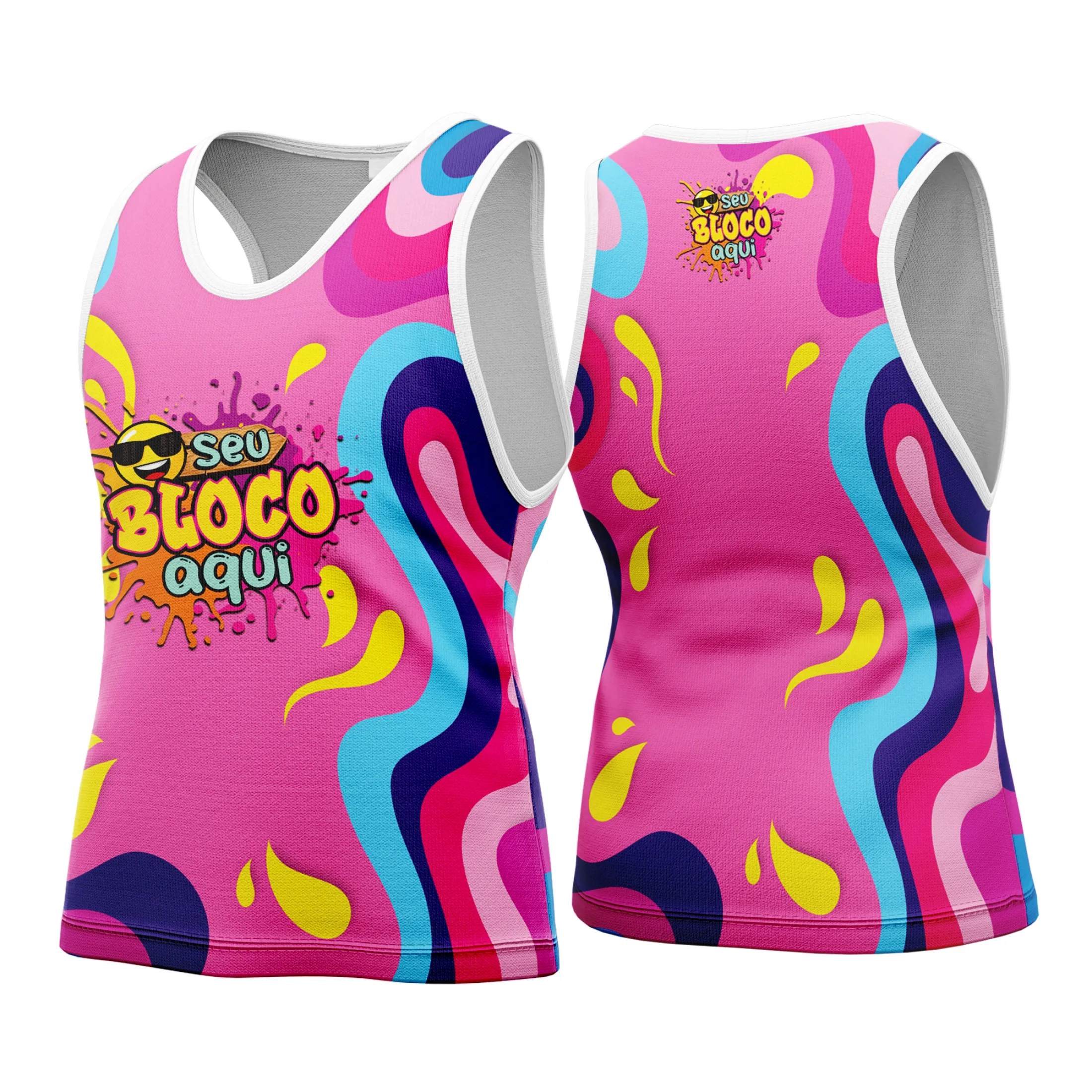 Camiseta unissex branca com logo no peito e estampa grande nas costas do Carnaval 2026, ideal para celebrar a folia com estilo e conforto.