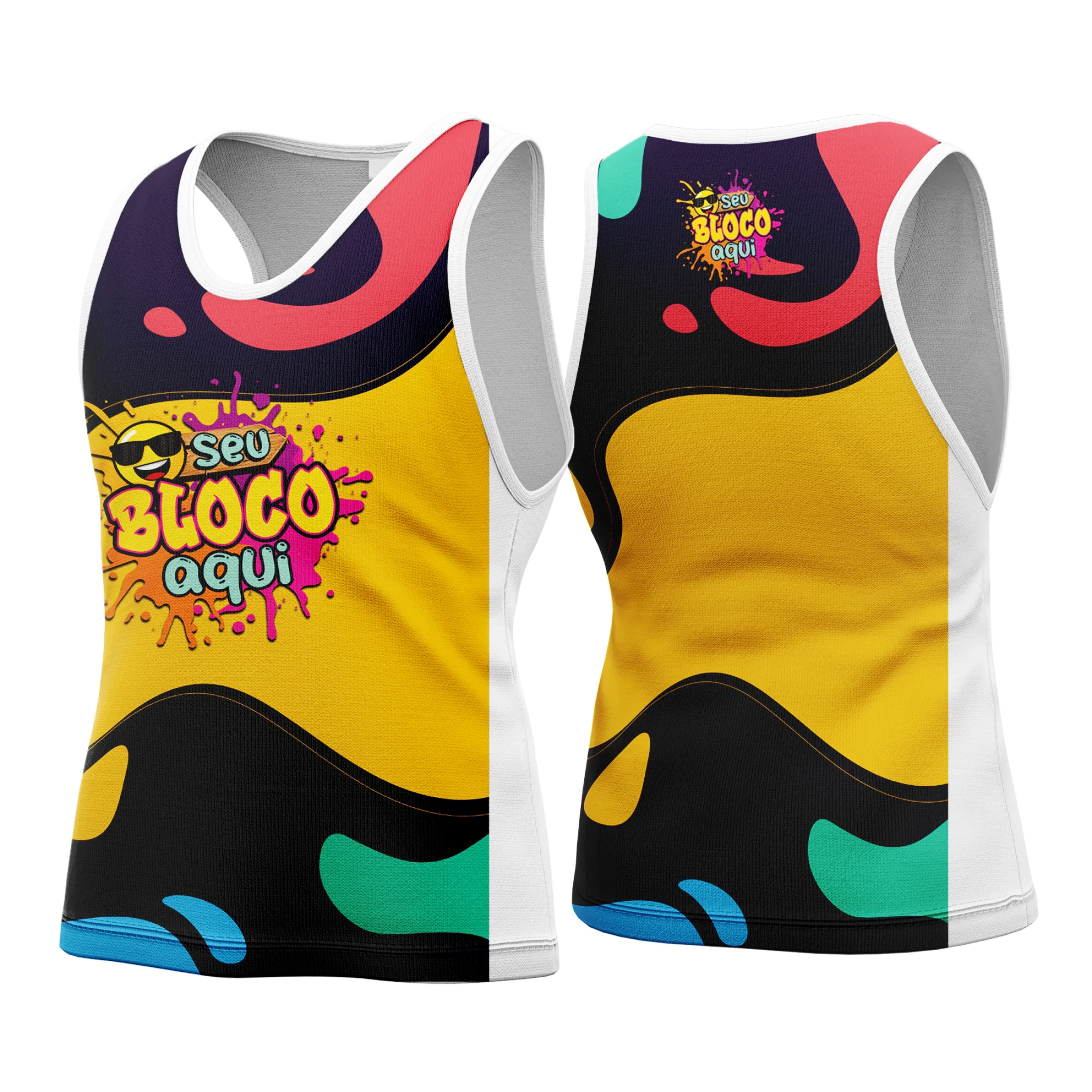 Camiseta unissex branca com logo no peito e estampa grande nas costas inspirada no Camisa Abadá Carnaval Personalizada 2026, ideal para festas e blocos com design vibrante e moderno.