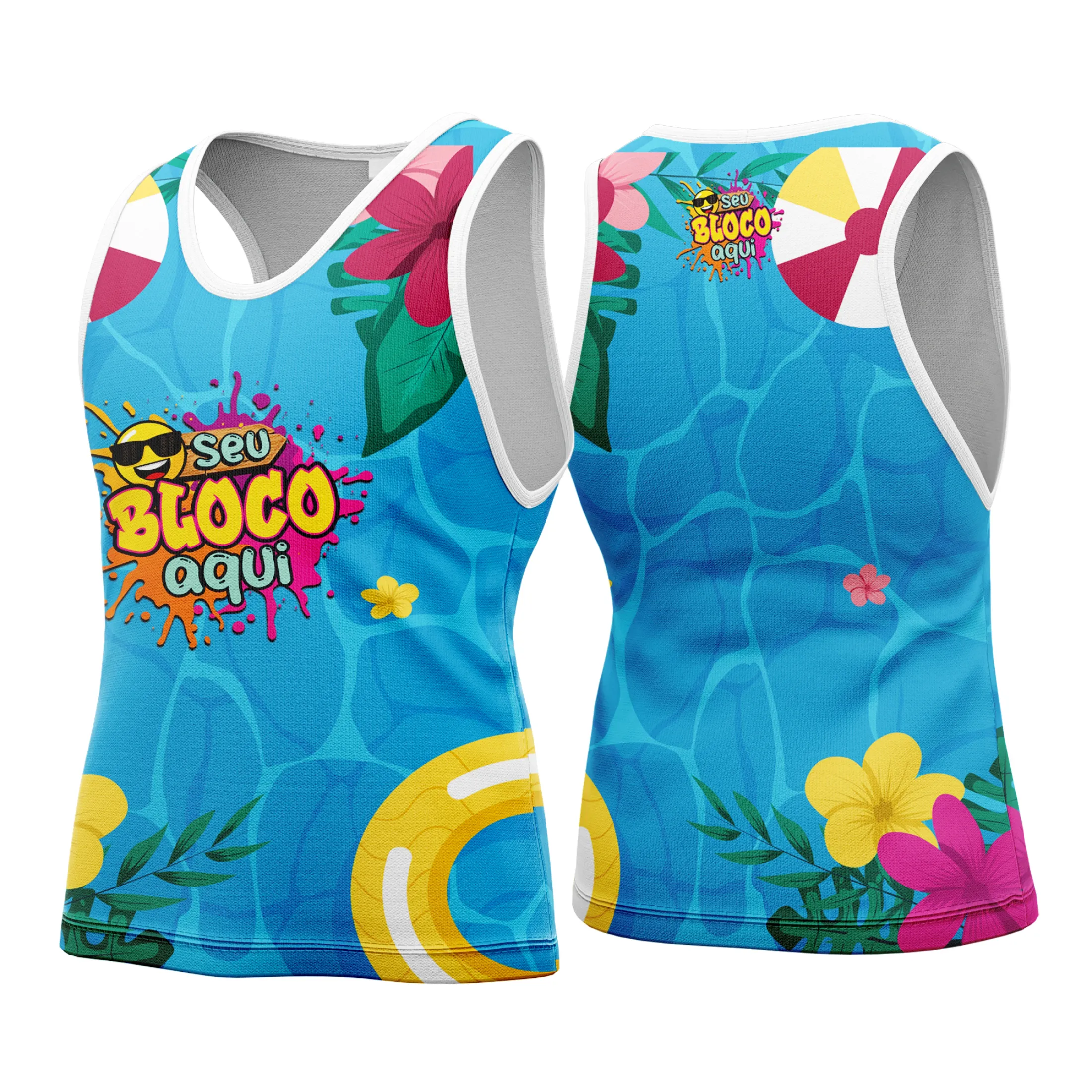 Camiseta unissex branca com logo no peito e estampa grande nas costas inspirada no Carnaval 2026, design vibrante que destaca alegria e festa.