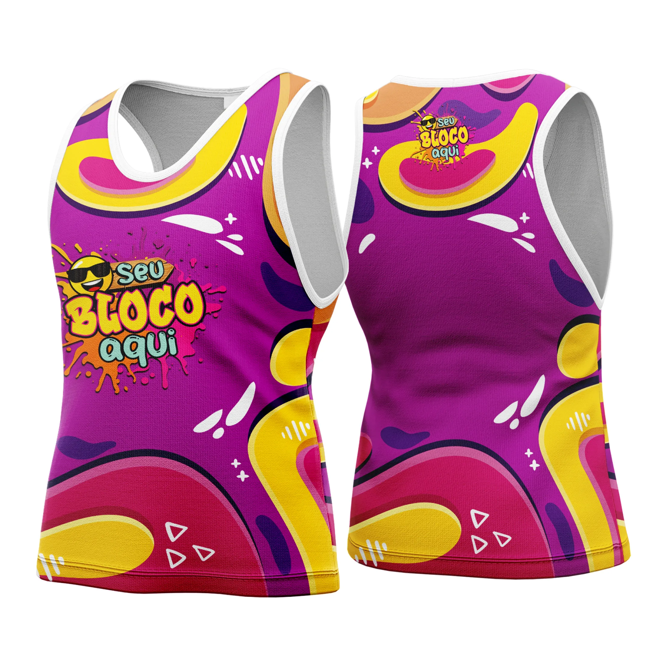 Camiseta unissex branca com logo no peito e estampa grande nas costas, celebrando o Carnaval 2026 com design vibrante e tema Abadá personalizado.