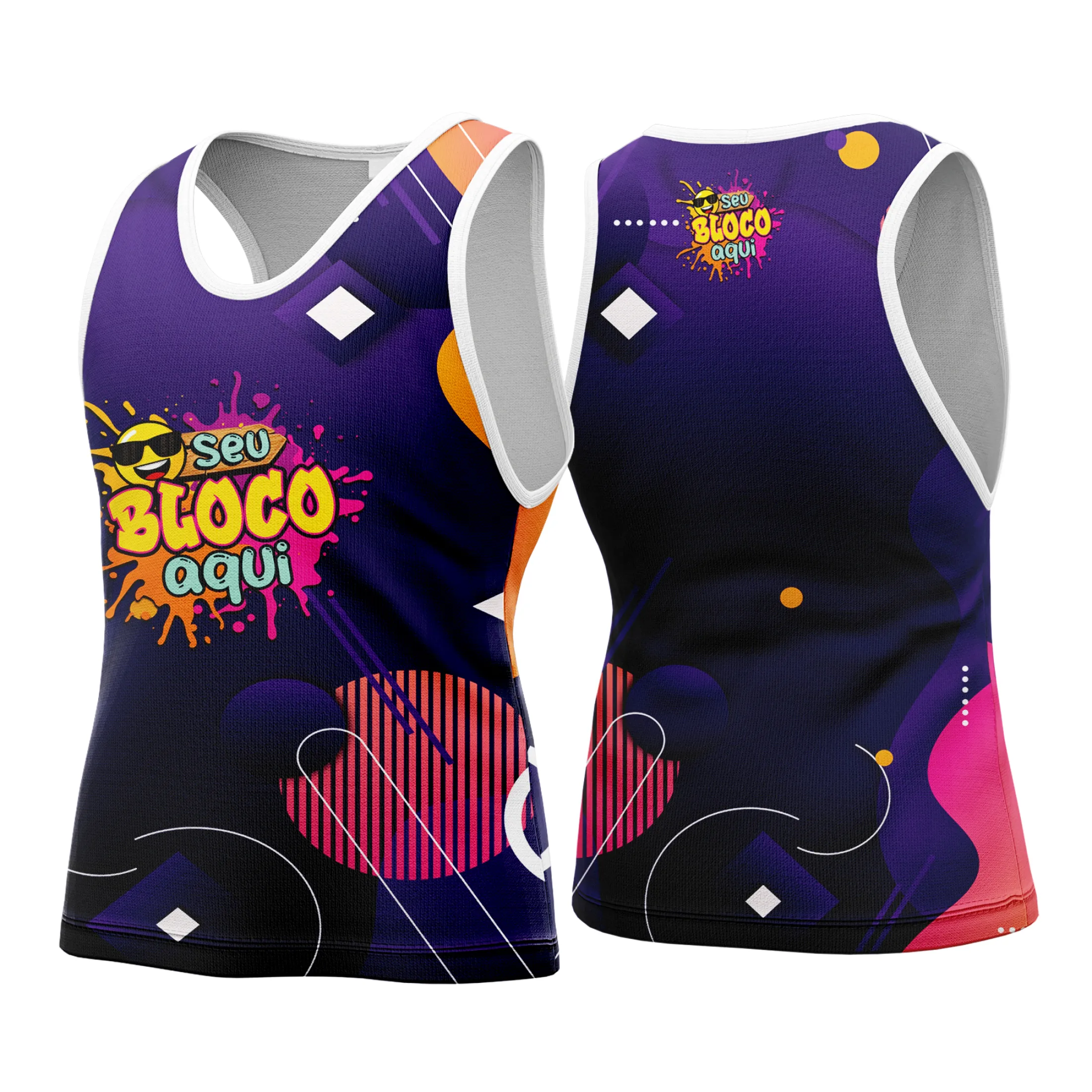 Camiseta unissex branca com logo no peito e estampa grande nas costas, tema Camisa Abadá Carnaval Personalizada 2026, design vibrante e festivo para folia.