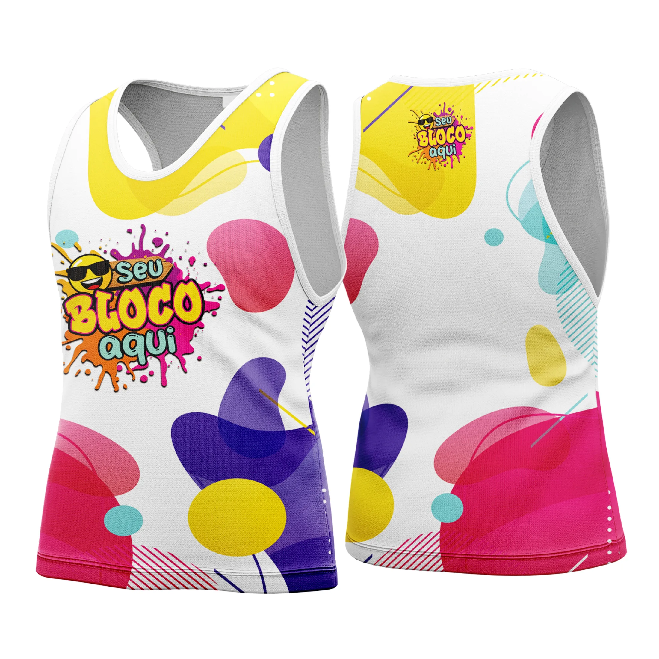 Camiseta unissex branca com logo no peito e estampa grande nas costas mostrando design de Carnaval 2026, perfeita para festa e eventos carnavalescos.