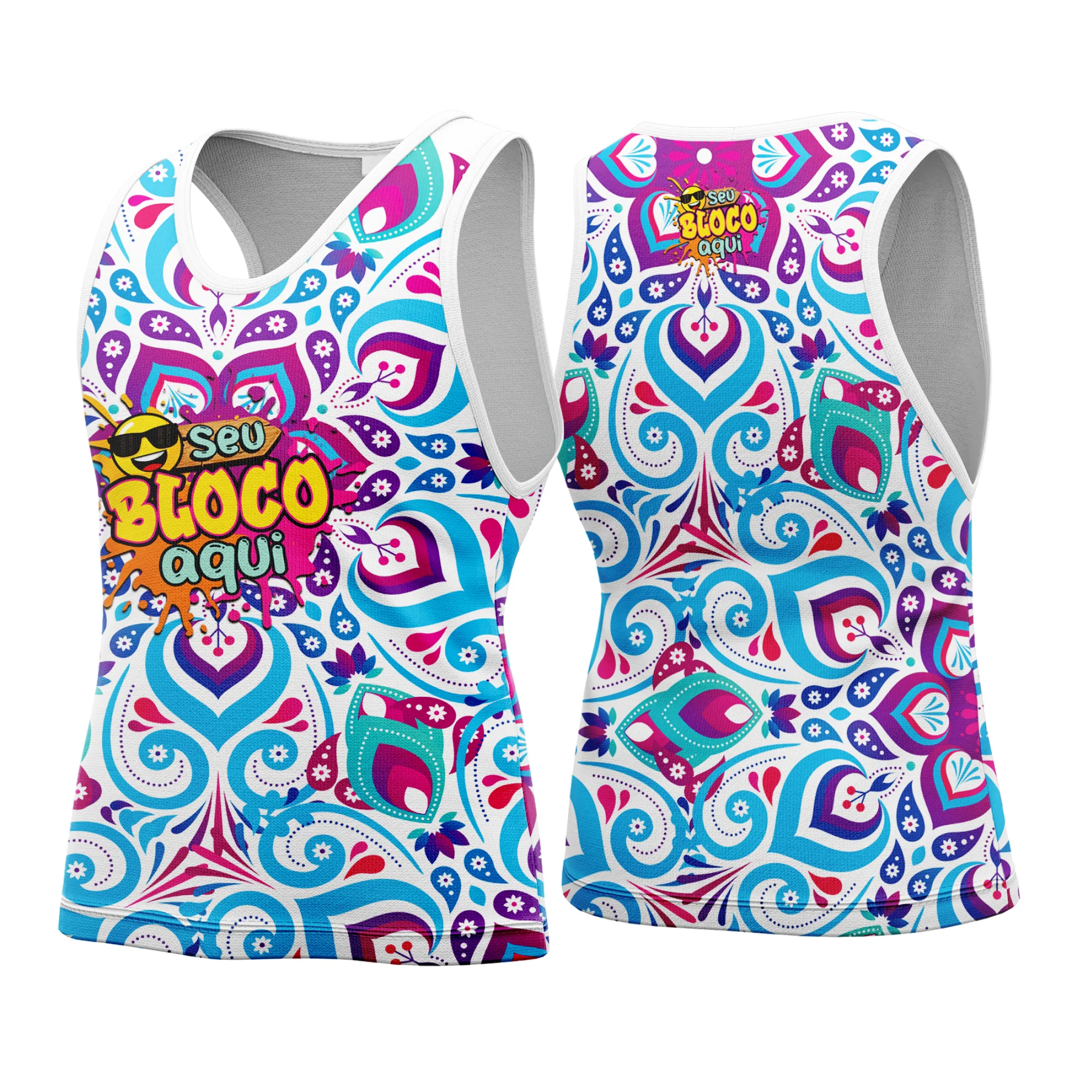 Camiseta unissex branca com logo no peito e estampa grande nas costas com tema Abadá Carnaval Personalizada 2026, visual vibrante e alegre para festa.