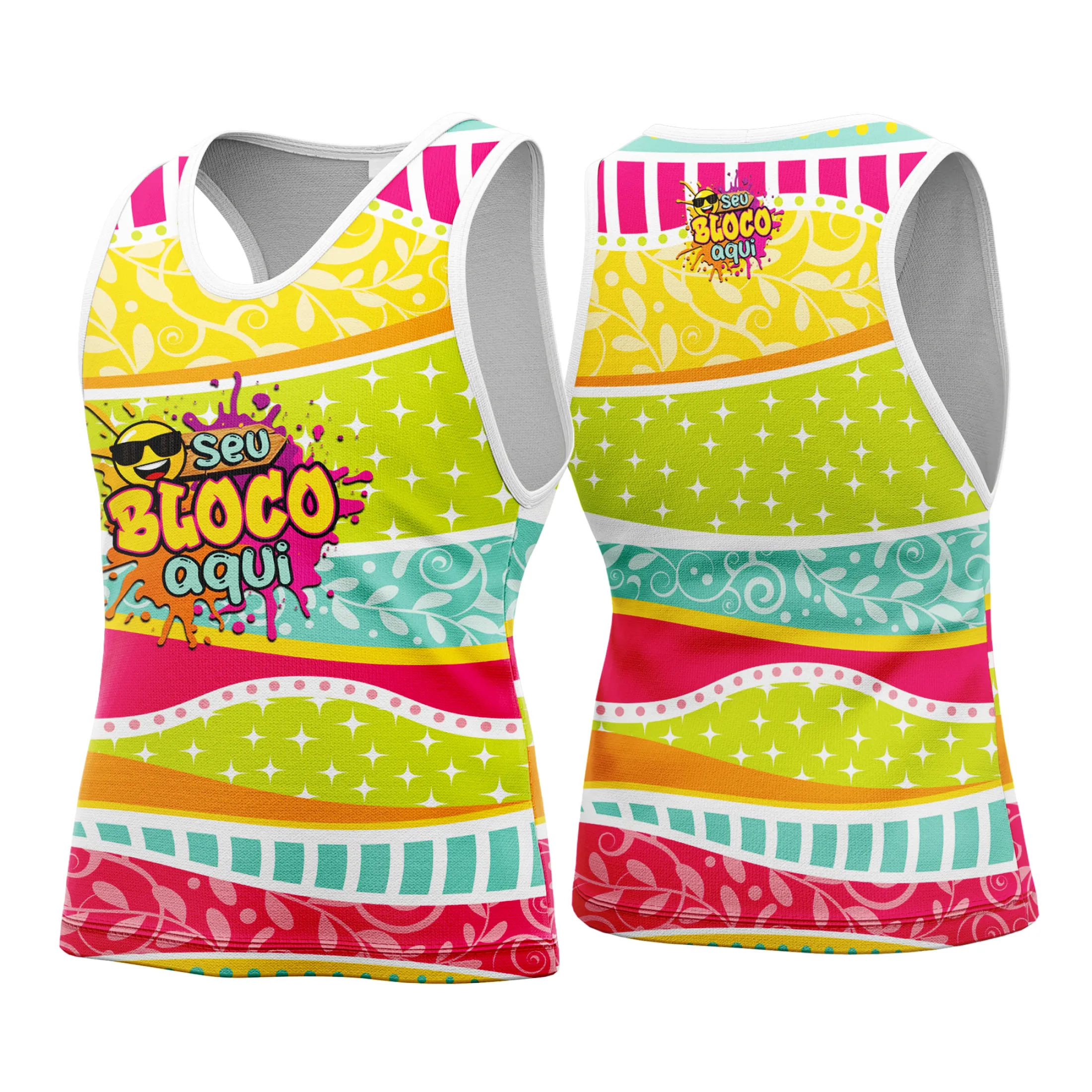 Camiseta unissex branca com logo no peito e estampa grande nas costas celebrando o Carnaval 2026, design vibrante e alegre, ideal para foliões e festas.