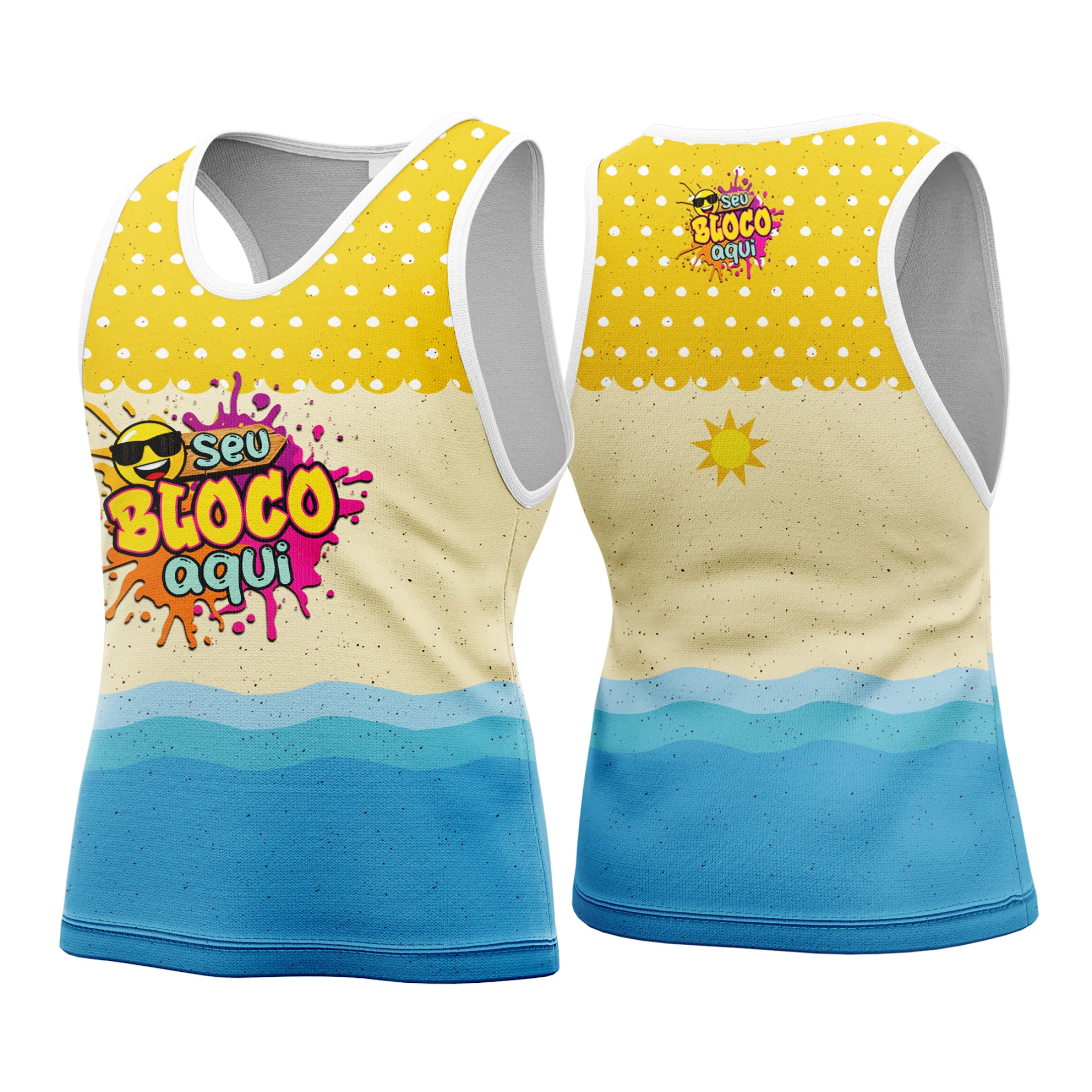 Camiseta unissex com base branca, logo no peito e estampa grande nas costas celebrando o Carnaval 2026 com design vibrante e alegre, perfeita para festa e blocos.