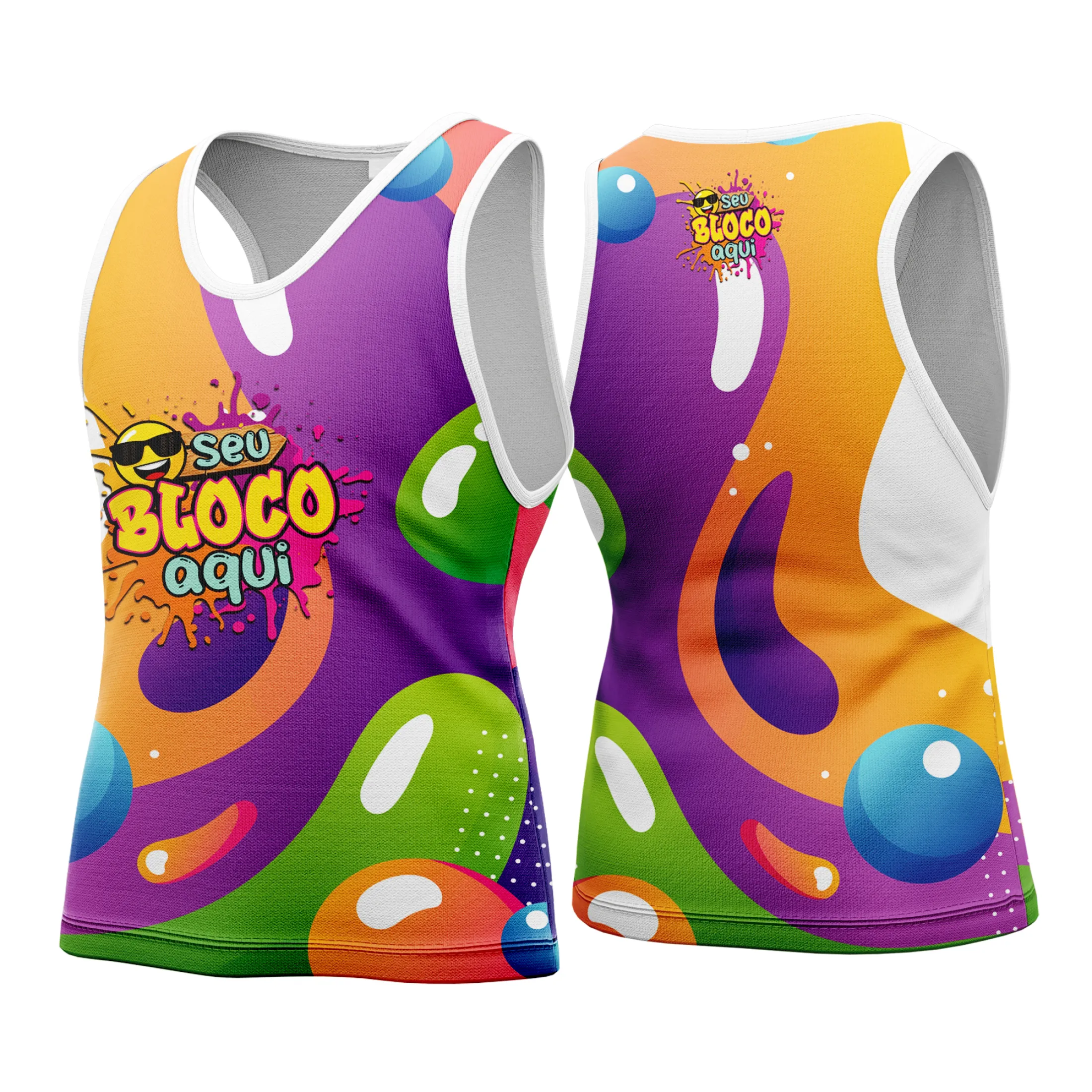 Camiseta unissex branca com logo no peito e estampa grande nas costas, tema Camisa Abadá Carnaval Personalizada 2026, ideal para festa e evento, visual vibrante e alegre.