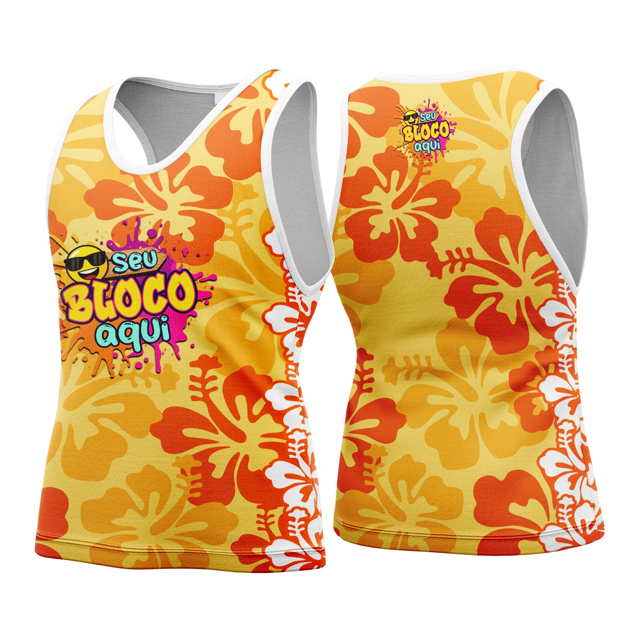 Camiseta unissex branca com logo no peito e estampa grande nas costas, temática Camisa Abadá Carnaval Personalizada 2026, ideal para festas e blocos de carnaval.