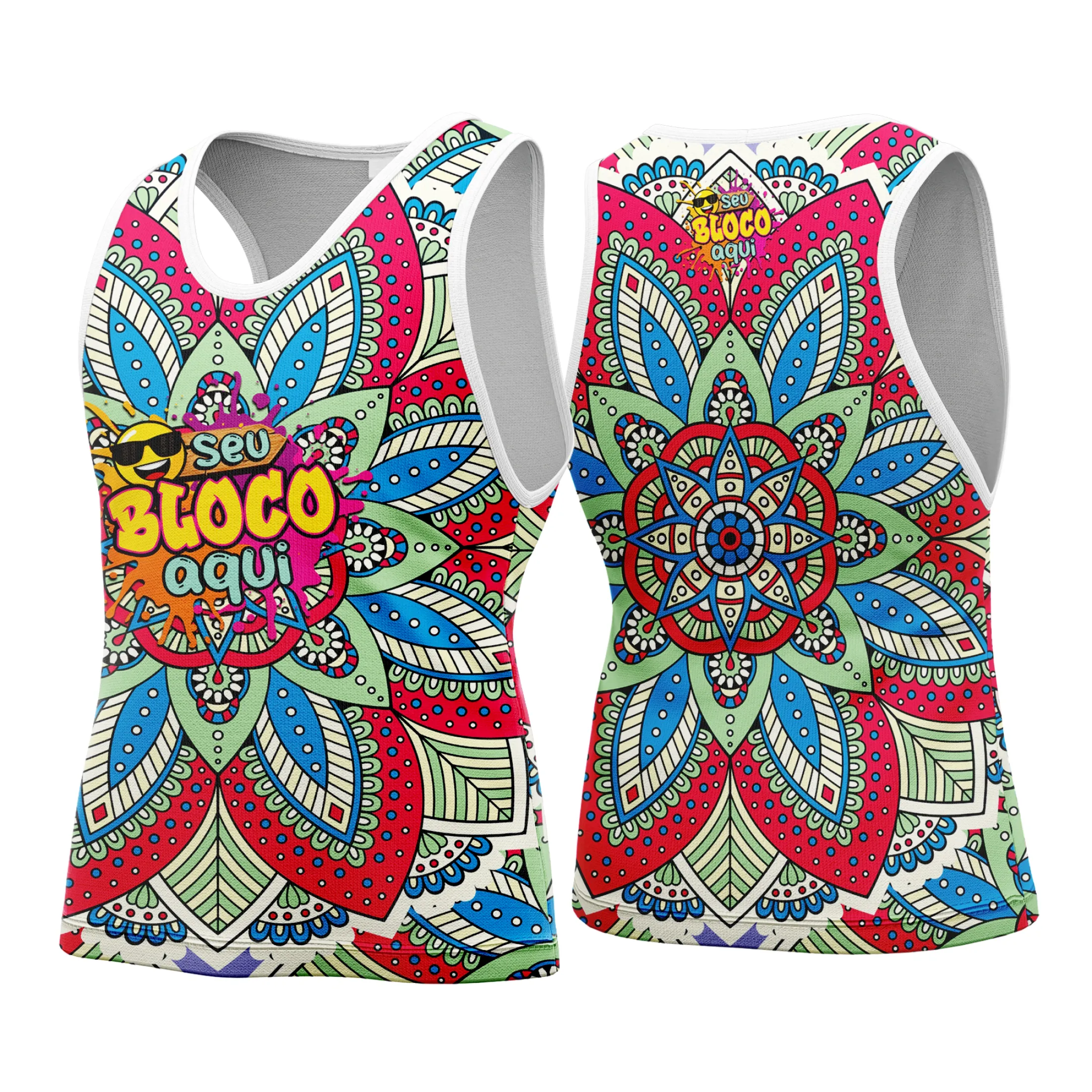 Camiseta unissex branca com logo no peito e estampa grande nas costas inspirada no tema Carnaval 2026, vibrante e colorida, perfeita para folia e festa.