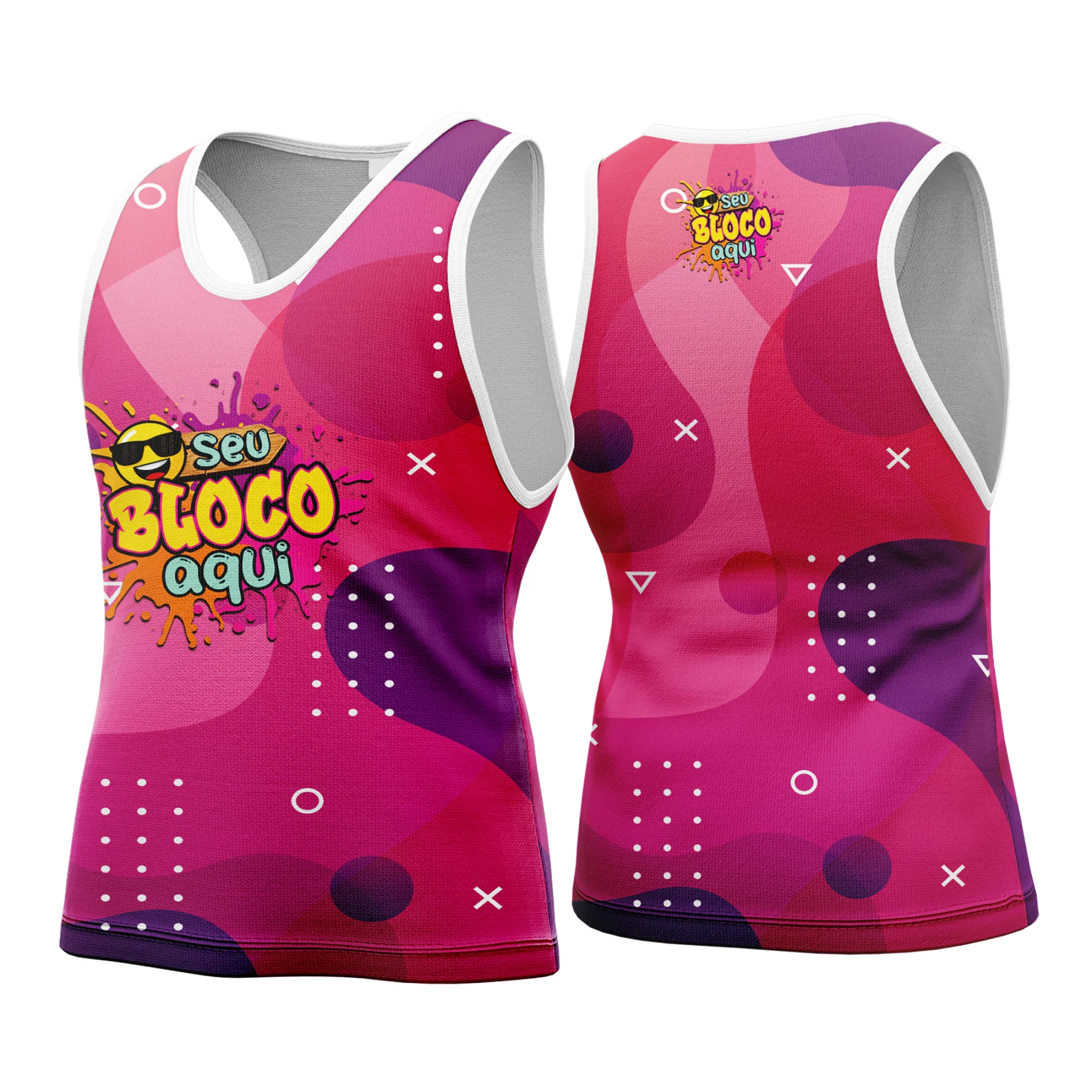 Camiseta unissex branca com logo no peito e estampa grande nas costas com tema de Camisa Abadá Carnaval Personalizada 2026, ideal para festas e blocos de carnaval.