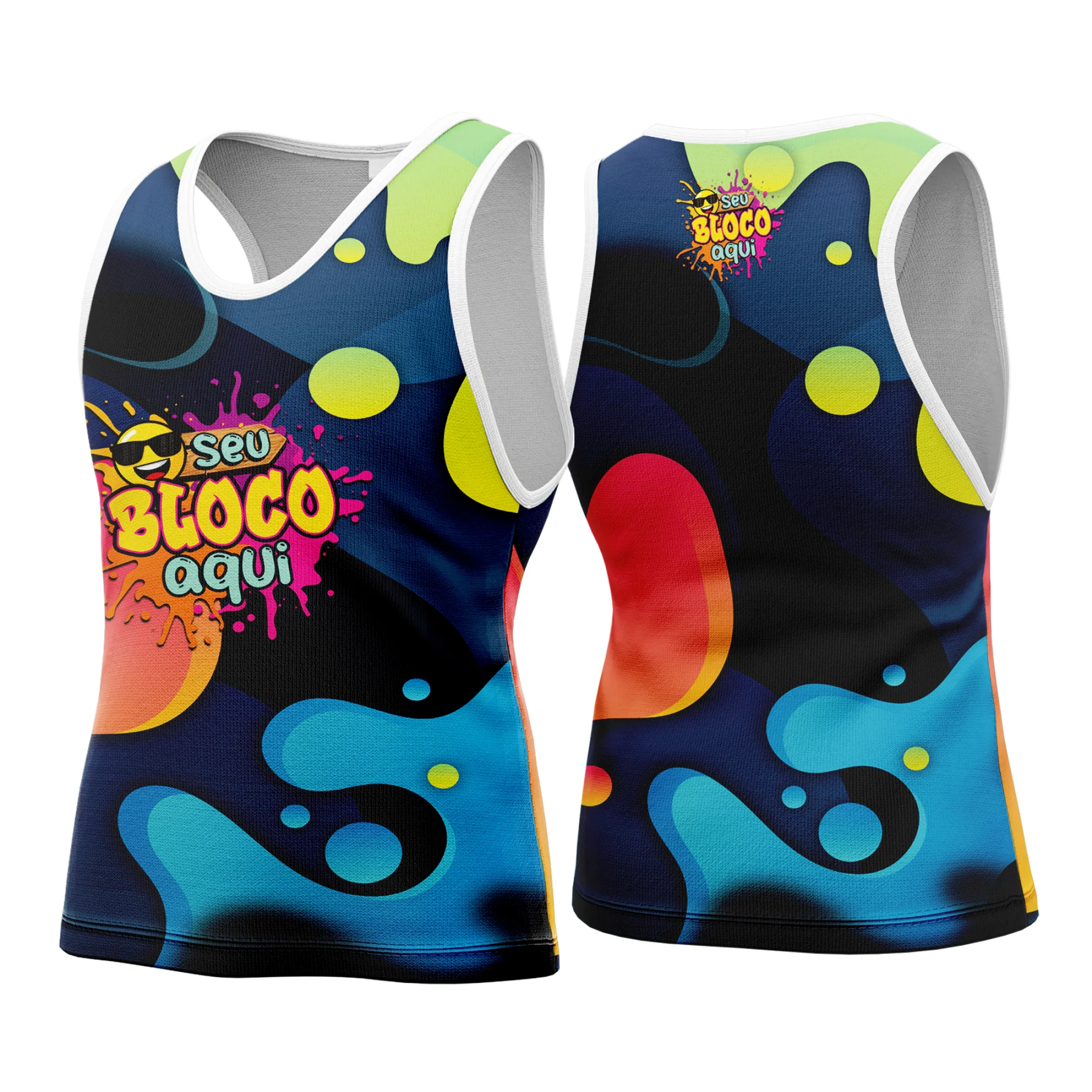 Camiseta unissex branca com logo no peito e estampa grande nas costas, tema Camisa Abadá Carnaval Personalizada 2026, design vibrante para festa e folia.