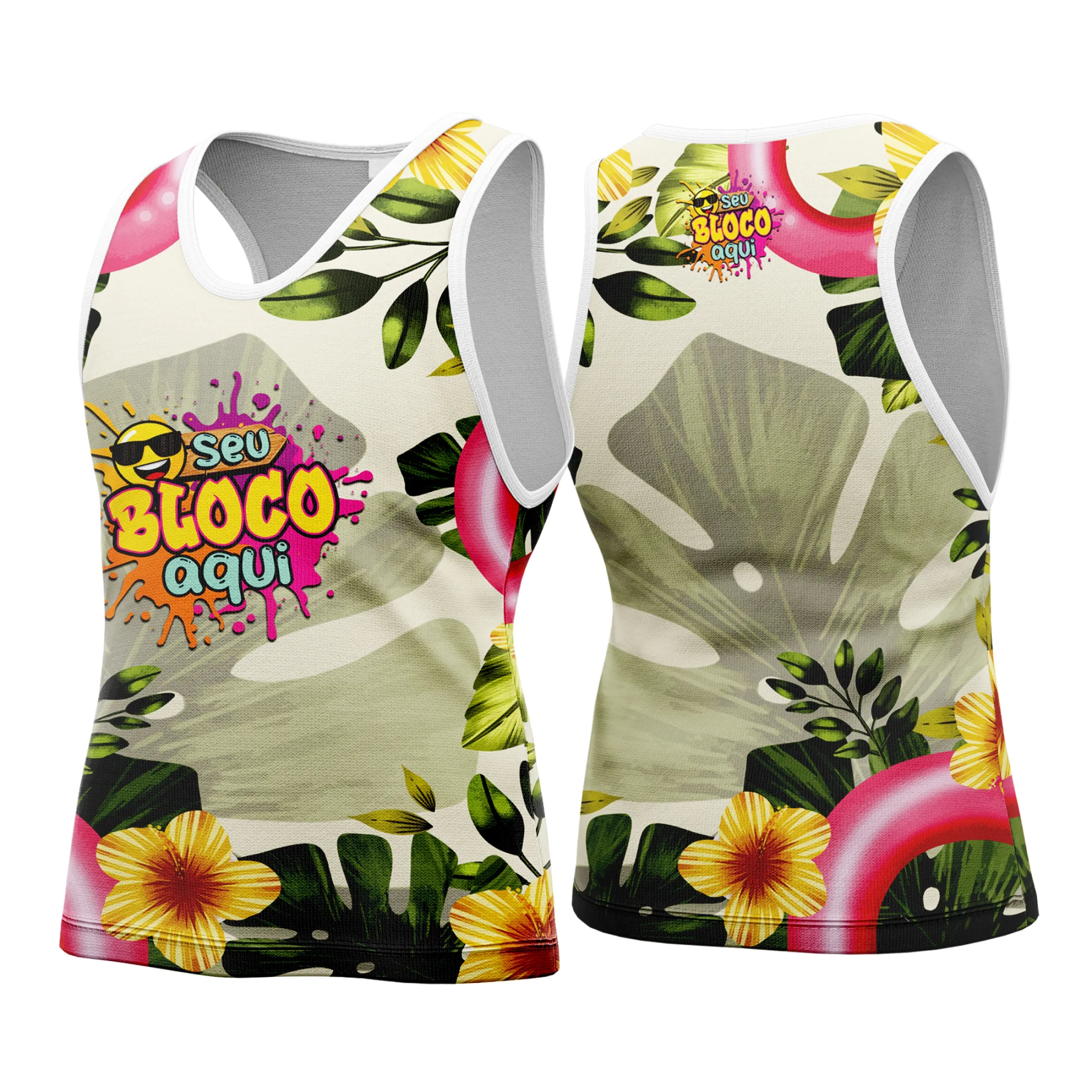 Camiseta unissex branca com logo no peito e estampa grande nas costas, tema Camisa Abadá Carnaval Personalizada 2026, ideal para blocos e festas, visual vibrante e alegre.