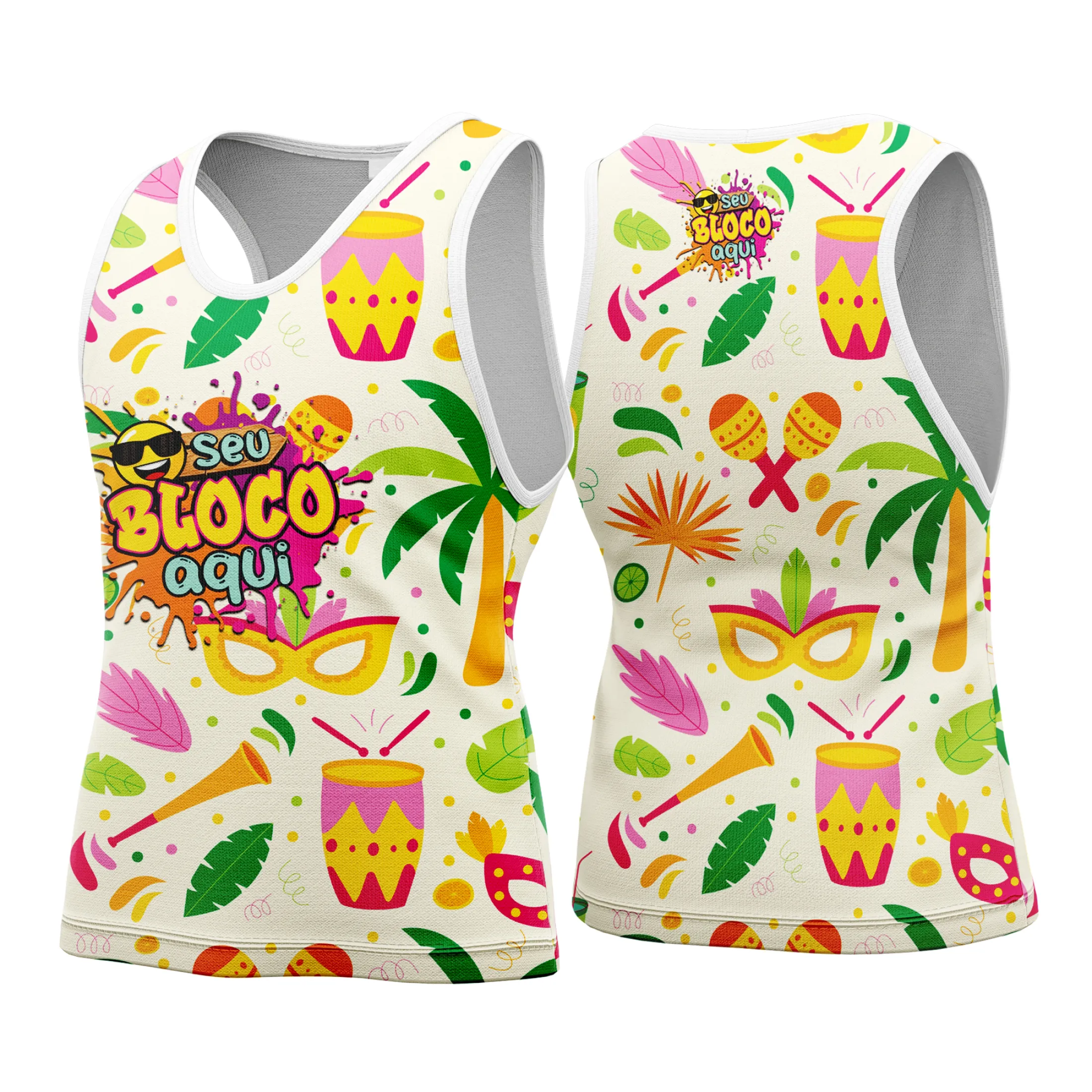 Camiseta unissex branca com logo no peito e estampa grande nas costas, tema Camisa Abadá Carnaval Personalizada 2026, ideal para a folia com estilo e conforto.