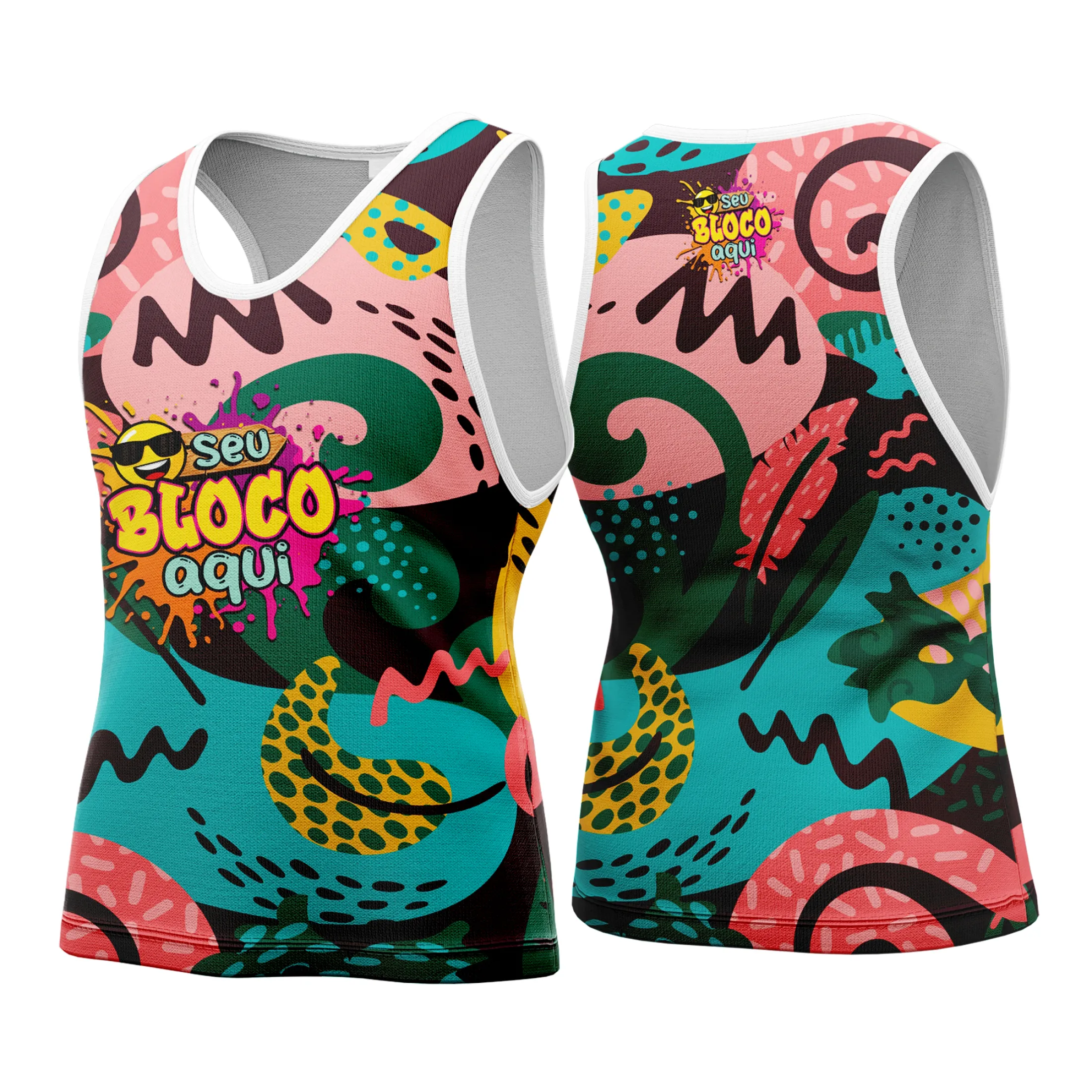 Camiseta unissex branca com logo no peito e estampa grande nas costas, tema Camisa Abadá Carnaval Personalizada 2026, visual vibrante e alegre para festa e folia.