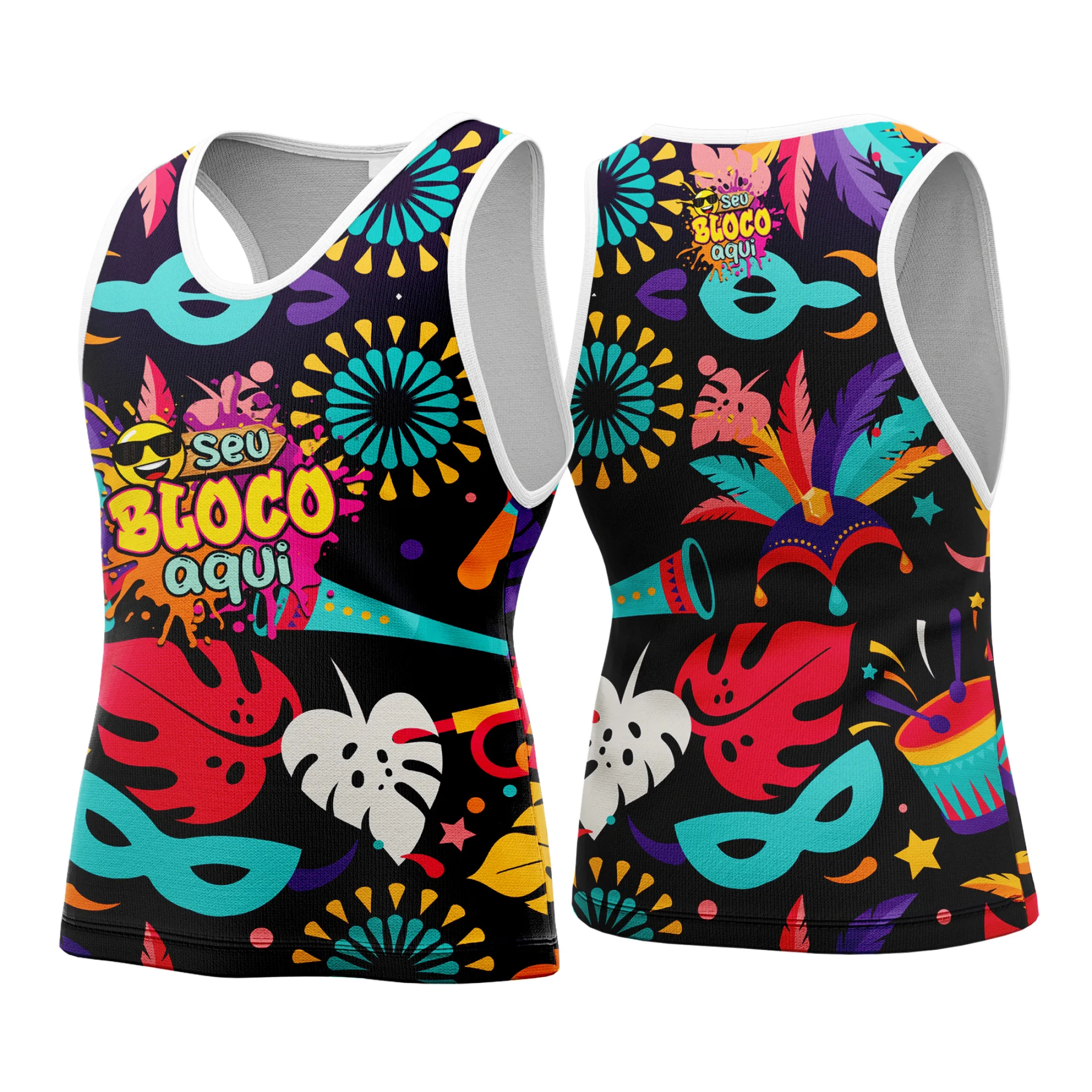 Camiseta unissex branca com logo no peito e estampa grande nas costas, tema Camisa Abadá Carnaval Personalizada 2026, perfeita para curtir o carnaval com estilo.