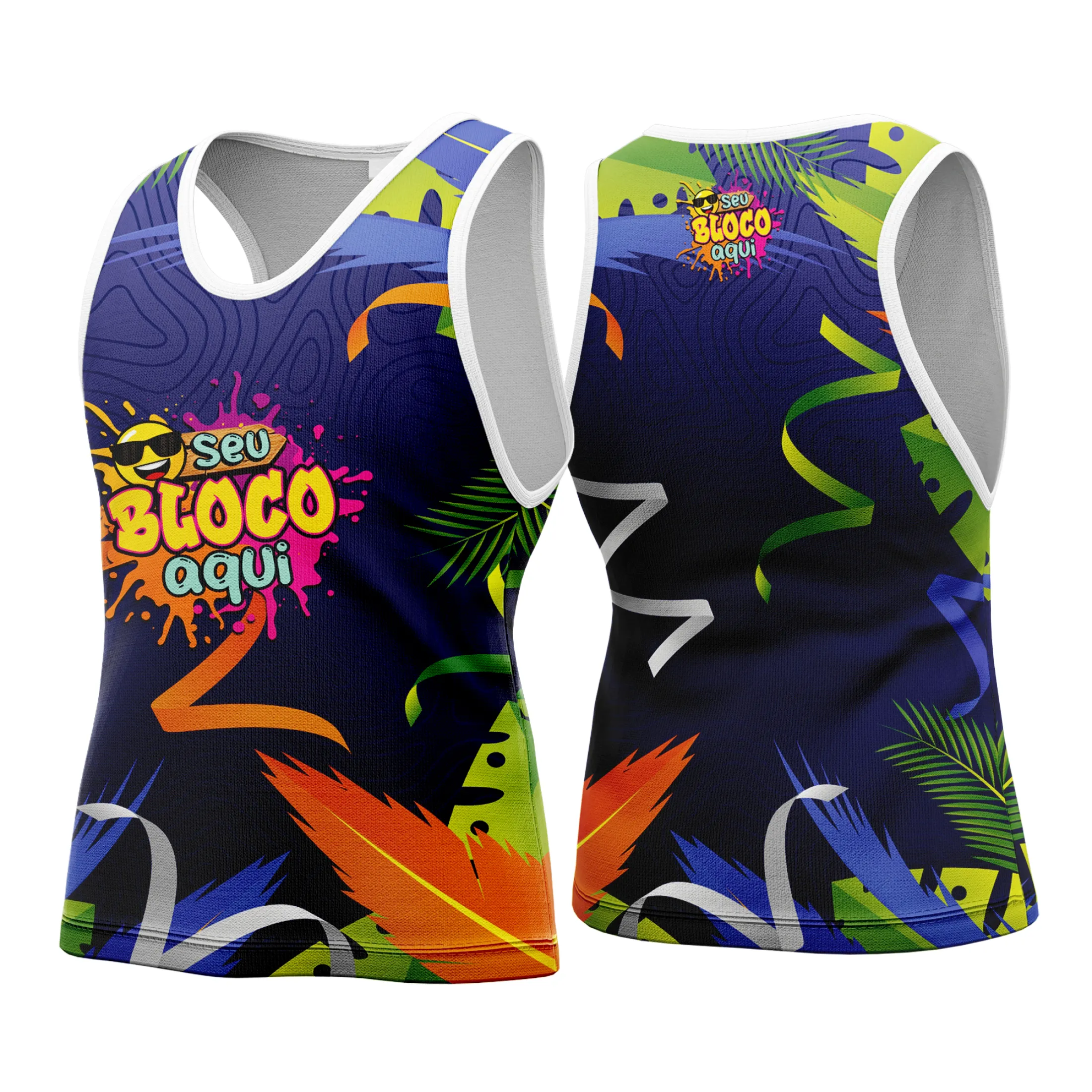 Camiseta unissex branca com logo no peito e estampa grande nas costas com tema Camisa Abadá Carnaval Personalizada 2026, perfeita para o folião que quer estilo e conforto.