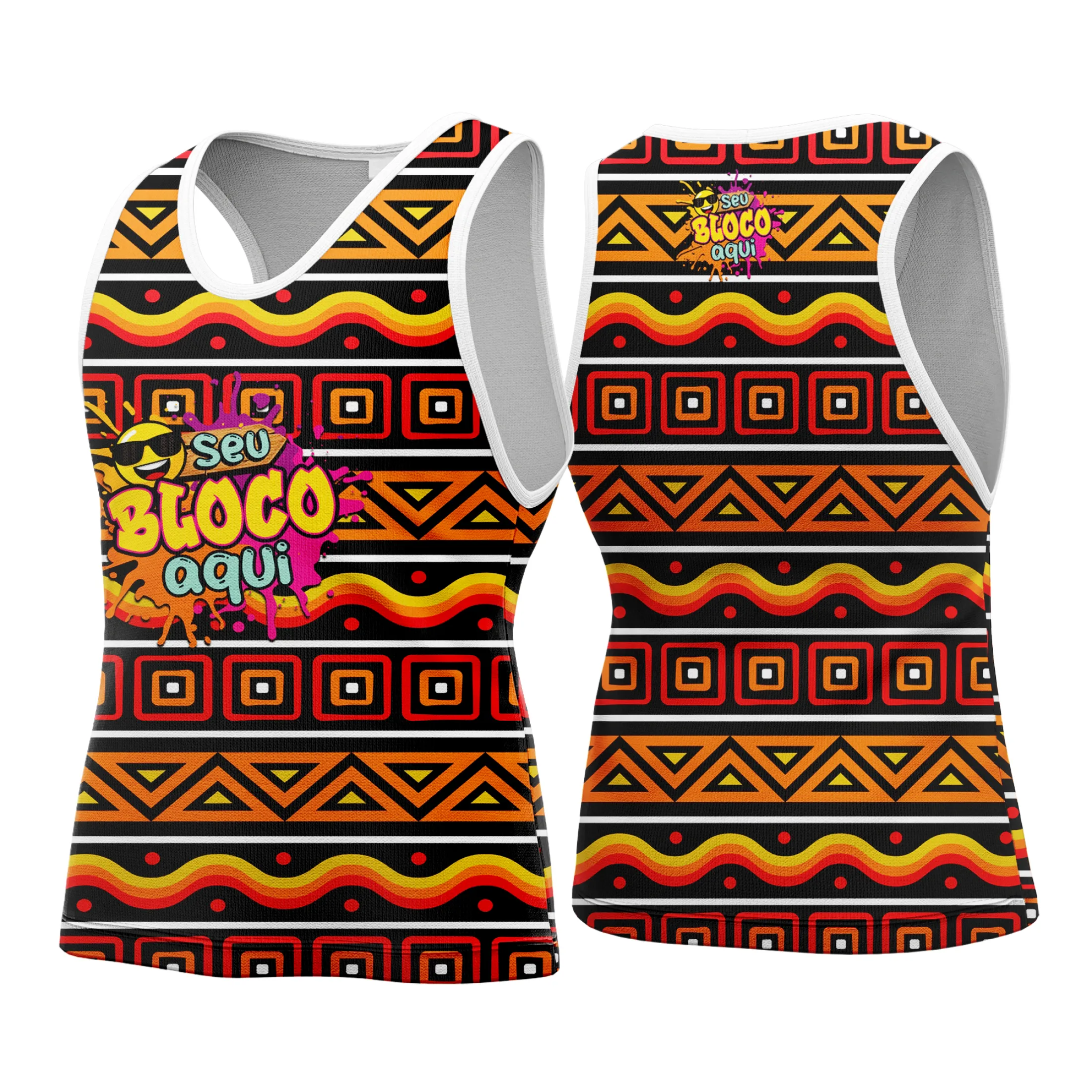 Camiseta unissex branca com logo no peito e estampa grande nas costas, com tema Camisa Abadá Carnaval Personalizada 2026, ideal para festas e eventos carnavalescos.