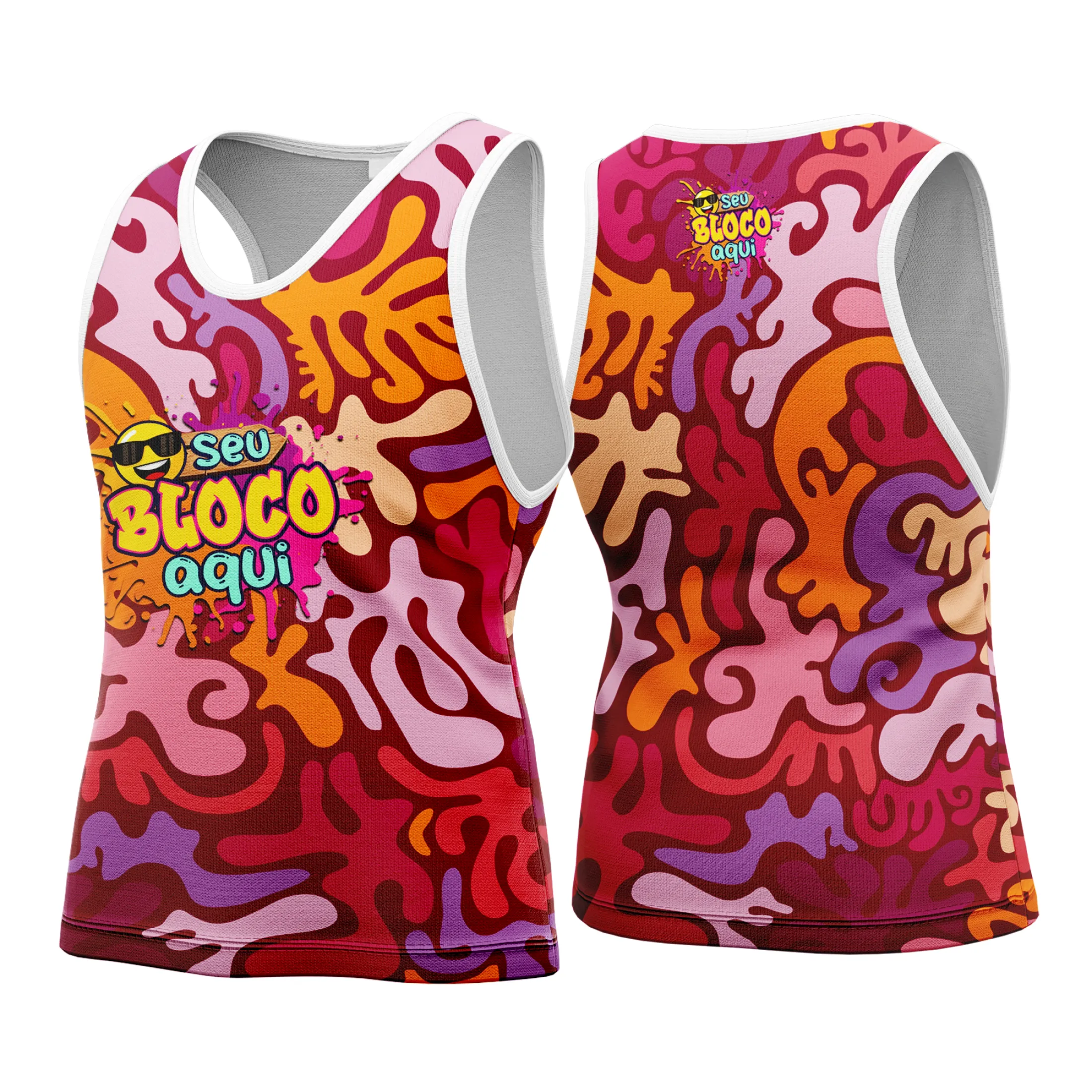 Camiseta unissex branca com logo no peito e estampa grande nas costas com tema Camisa Abadá Carnaval Personalizada 2026, perfeita para a festa com design vibrante e alegre.