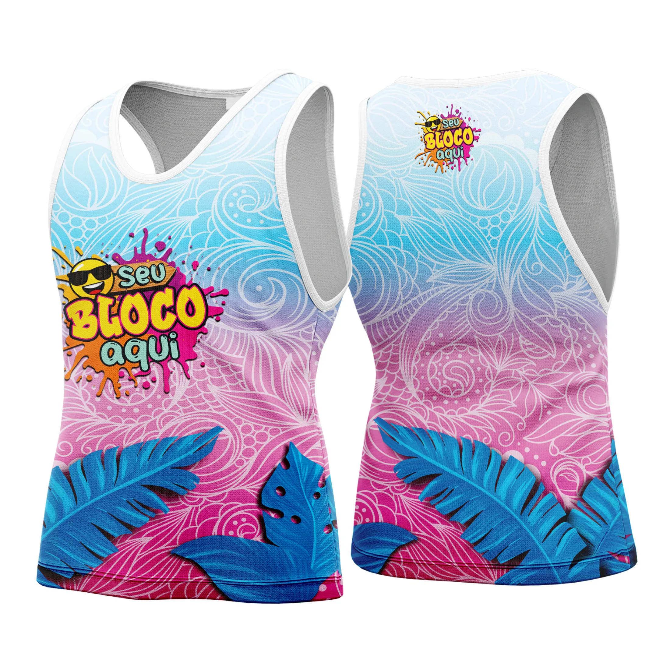 Camiseta unissex branca com logo no peito e estampa grande nas costas com tema de Camisa Abadá Carnaval Personalizada 2026, ideal para quem busca conforto e estilo para o Carnaval.