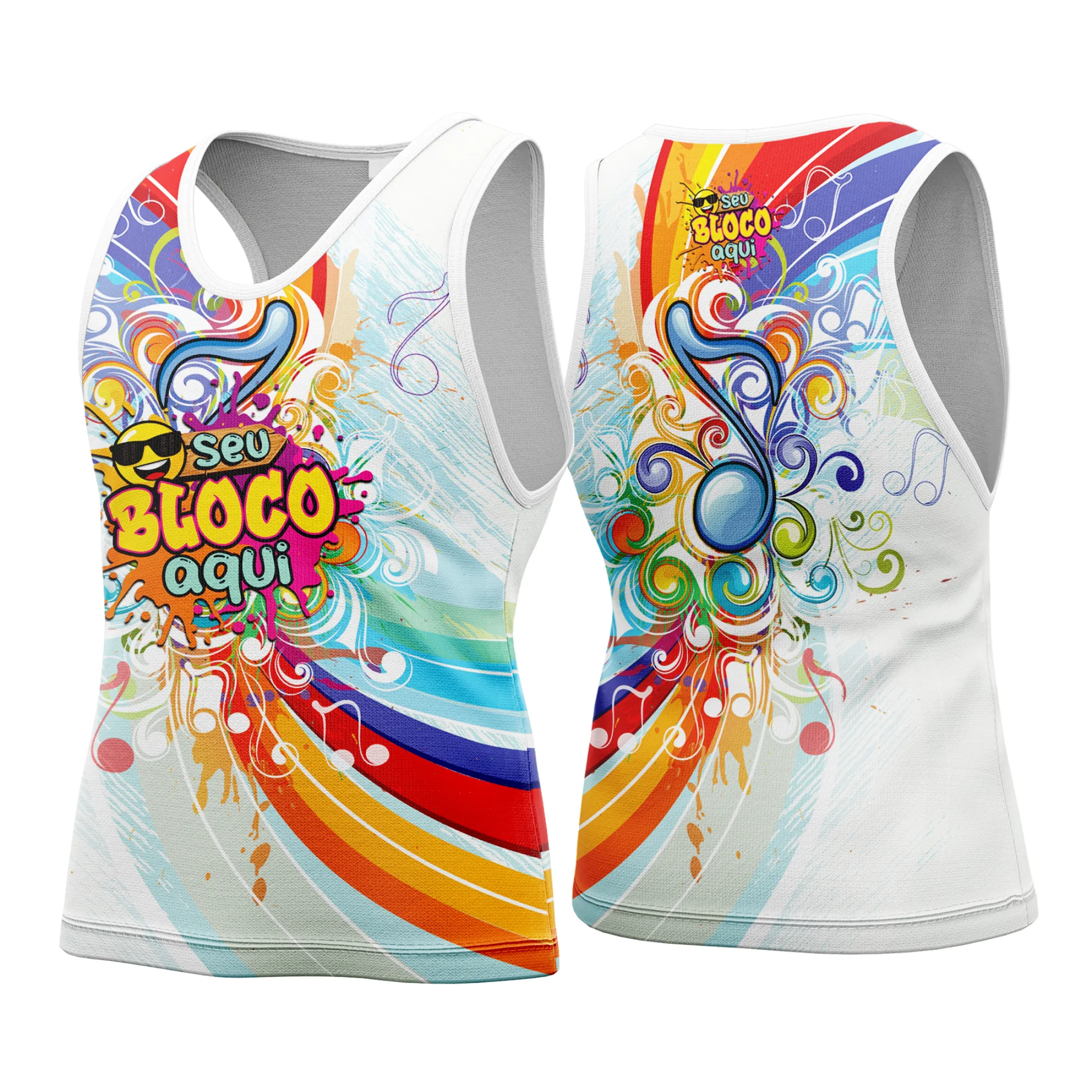 Camiseta unissex branca com logo no peito e estampa grande nas costas, tema Camisa Abadá Carnaval Personalizada 2026, estilo alegre e vibrante para festa.