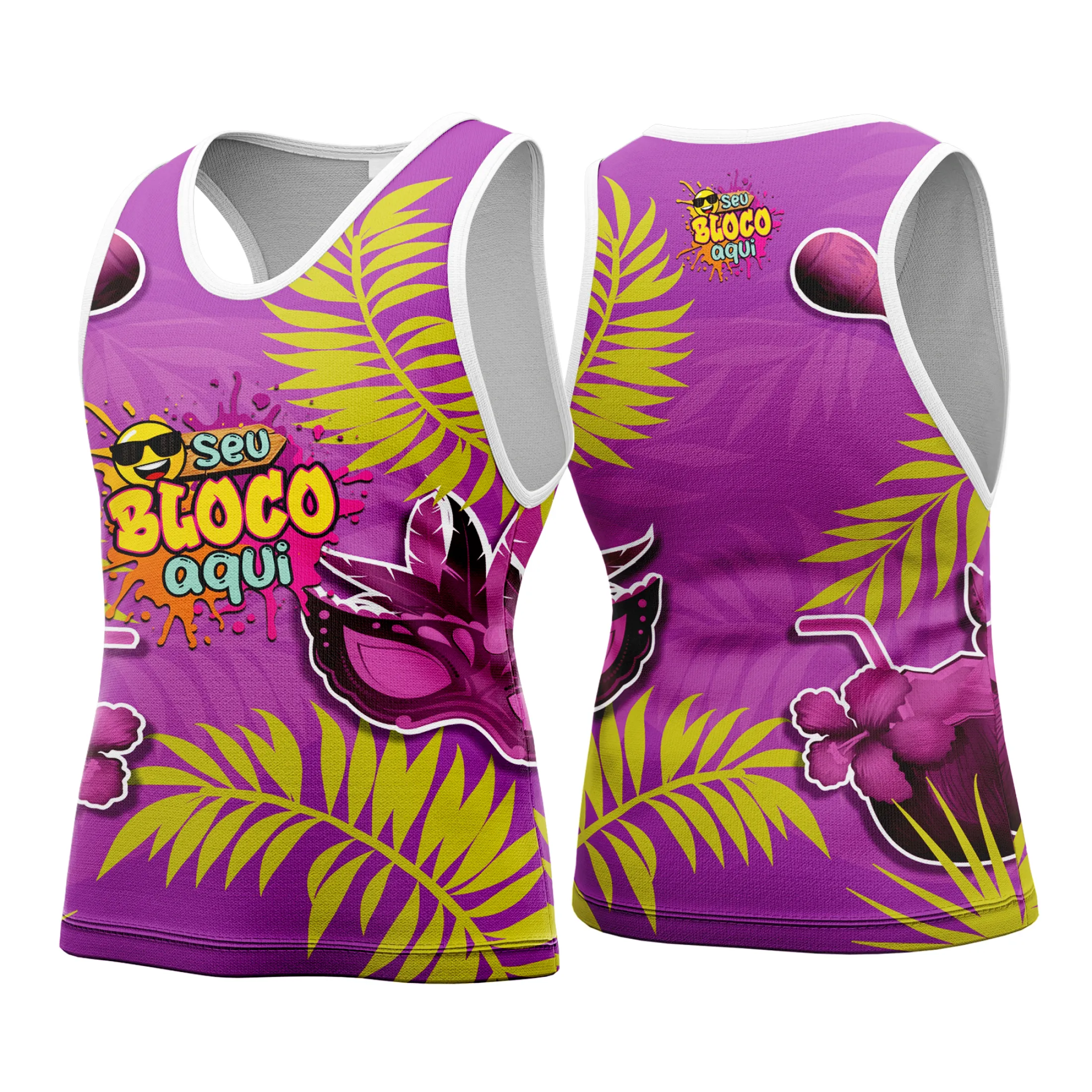 Camiseta unissex branca com logo no peito e estampa grande nas costas, tema Camisa Abadá Carnaval Personalizada 2026, vibrante e perfeita para a folia.