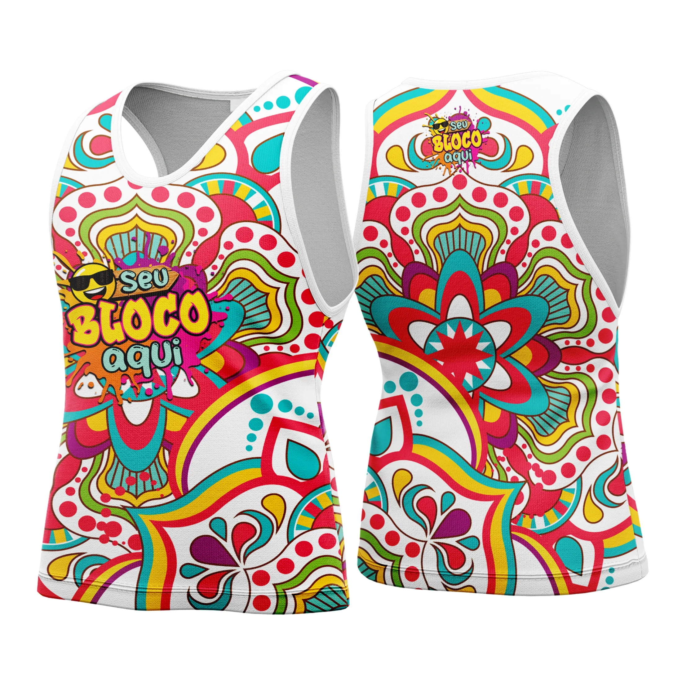 Camisa camiseta unissex branca com logo no peito e estampa grande nas costas, temática de Carnaval 2026 para abadá personalizado, ideal para festa e folia.