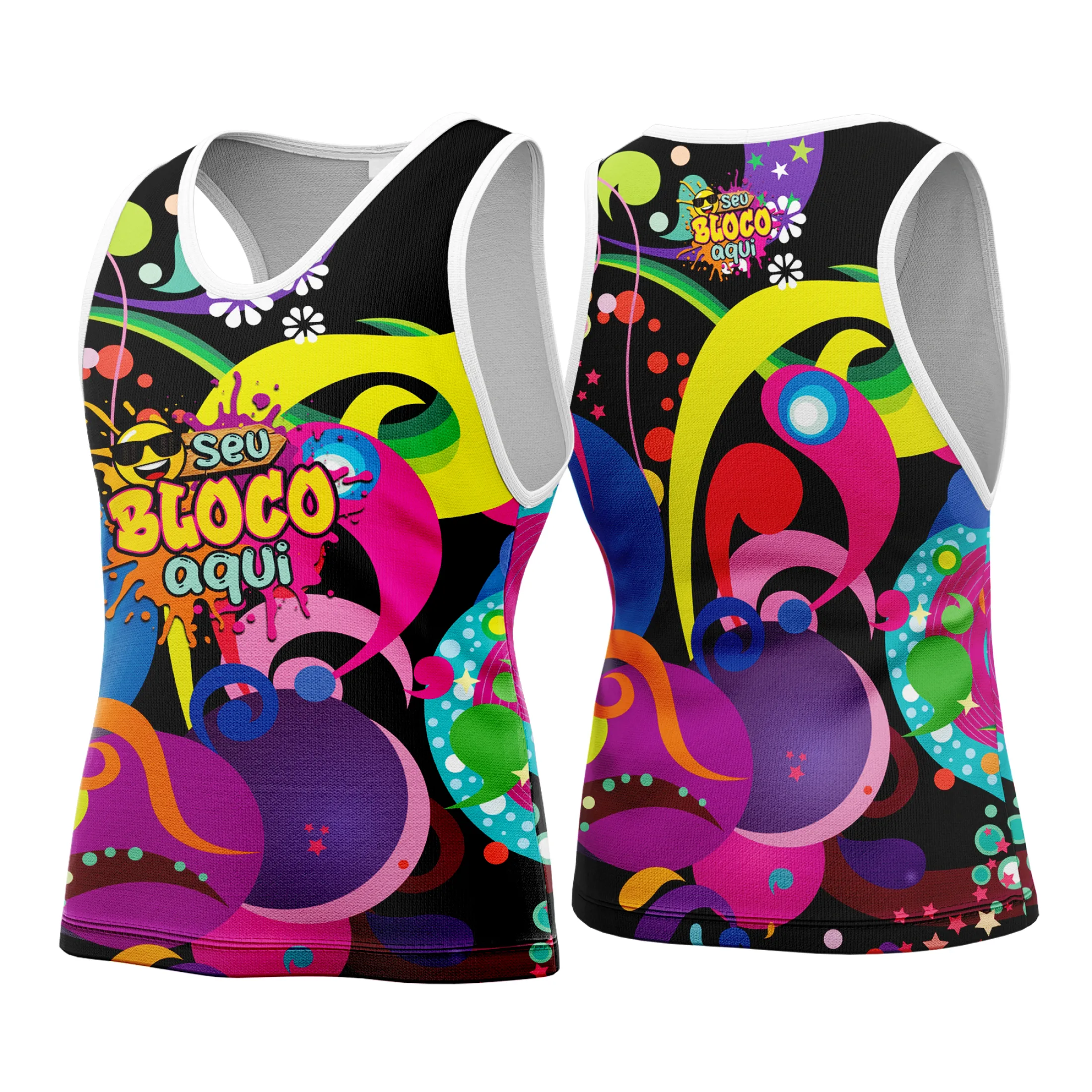 Camiseta unissex branca com logo no peito e estampa grande nas costas com tema Camisa Abadá Carnaval Personalizada 2026, ideal para festa e blocos de carnaval.