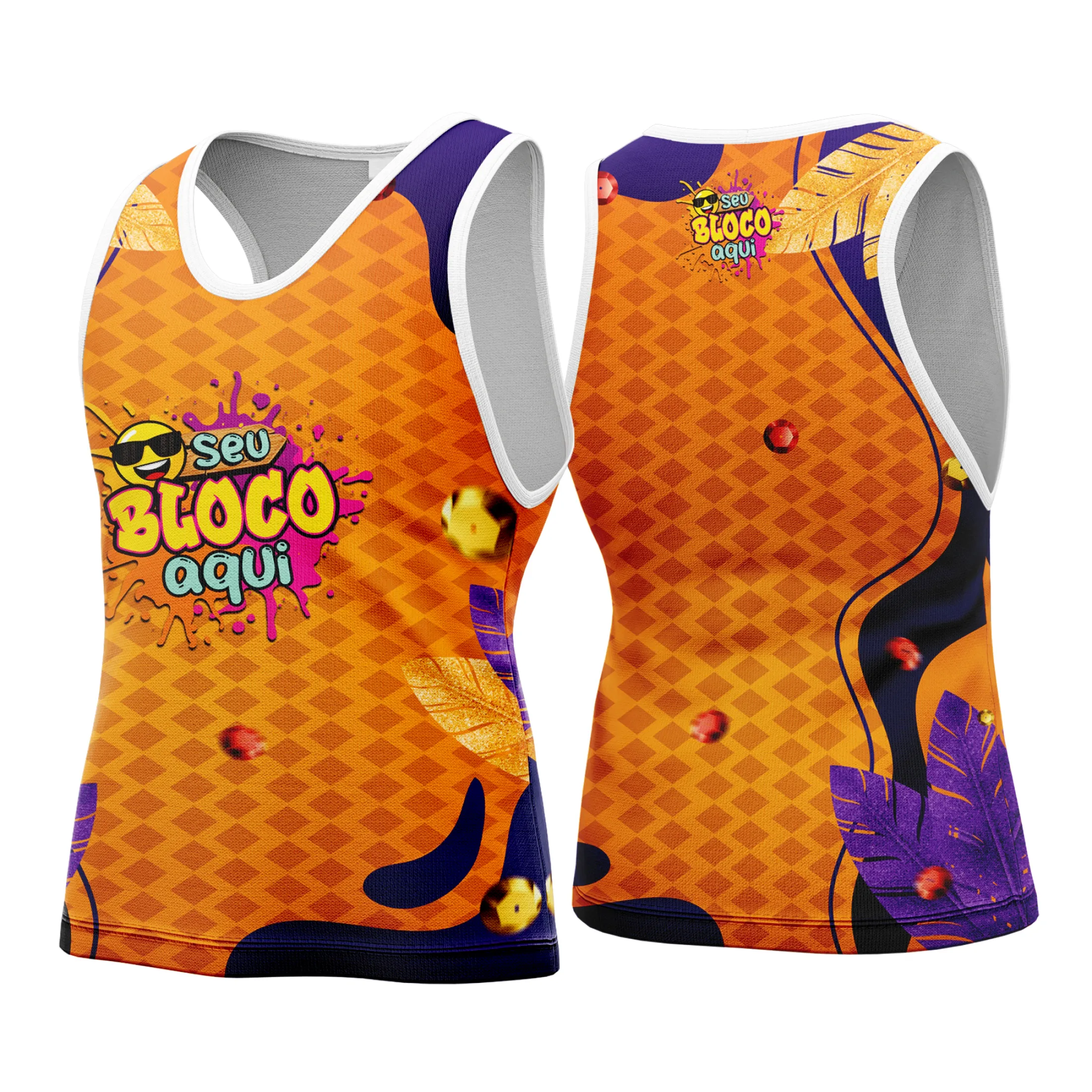 Camiseta unissex branca com logo no peito e estampa grande nas costas, tema Camisa Abadá Carnaval Personalizada 2026, ideal para festas e blocos de rua.