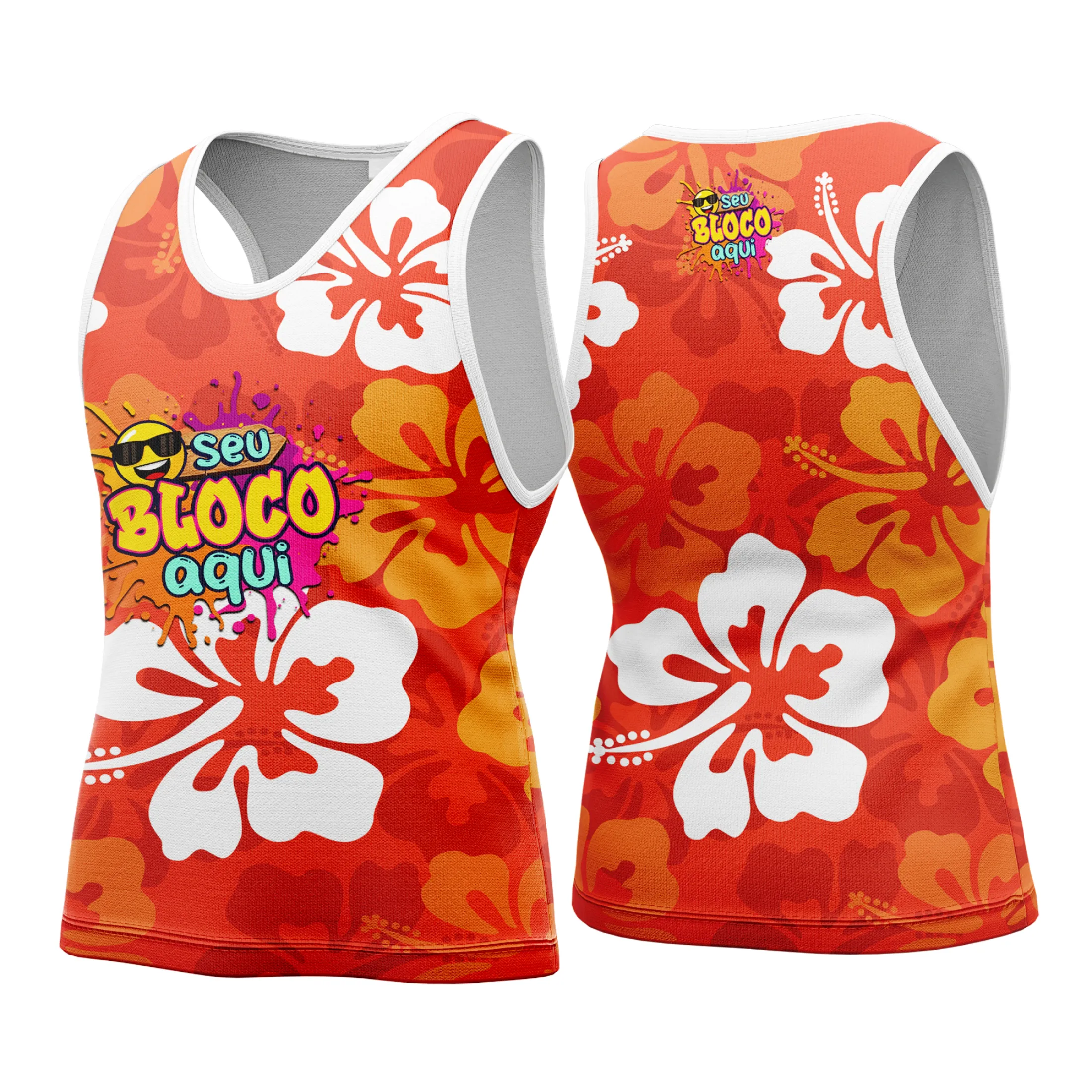 Camiseta unissex branca com logo no peito e estampa grande nas costas, mostrando design vibrante de Camisa Abadá Carnaval Personalizada 2026 para animar sua festa.