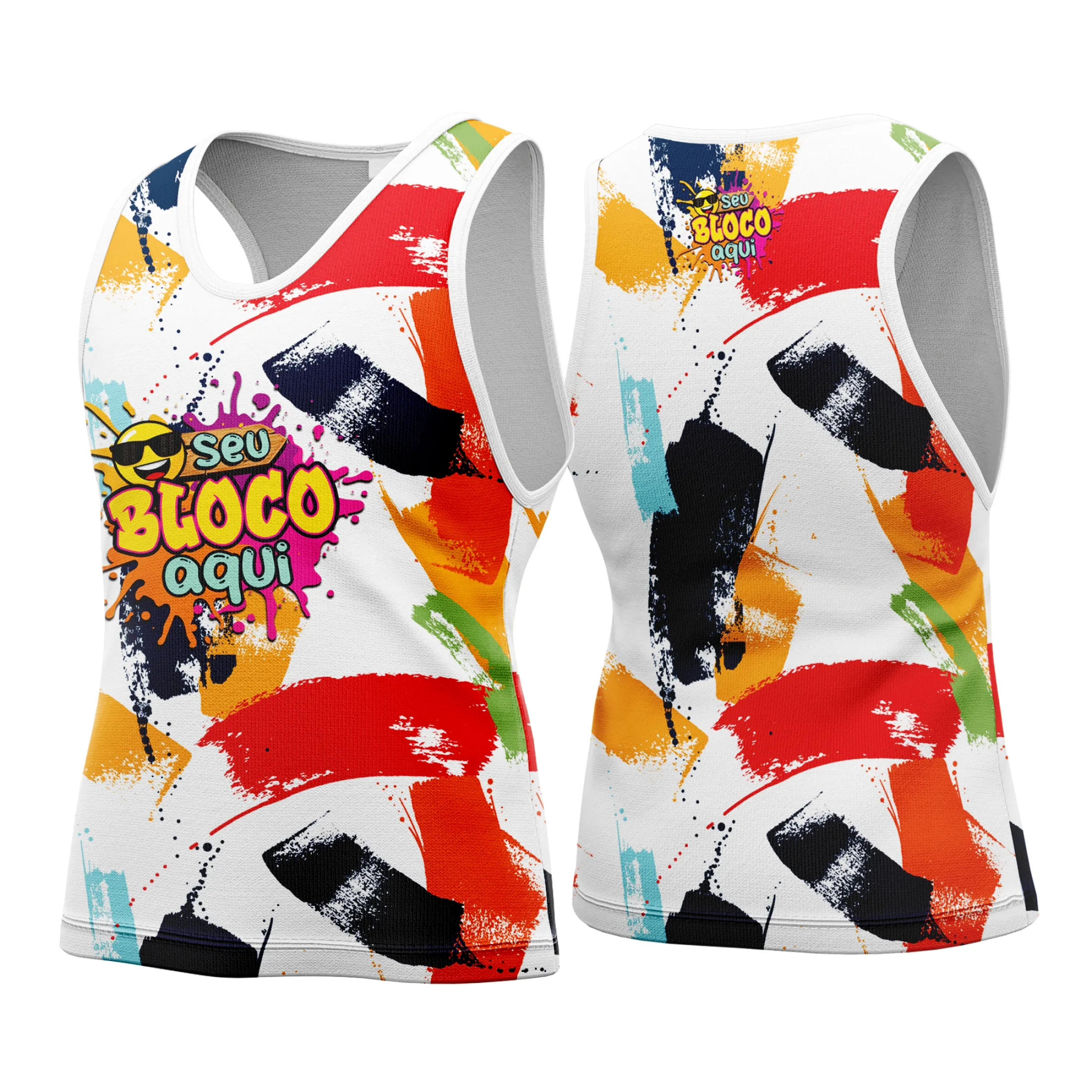 Camiseta unissex branca com logo no peito e estampa grande nas costas, destacando o tema Carnaval 2026 com design vibrante e alegre para festa.