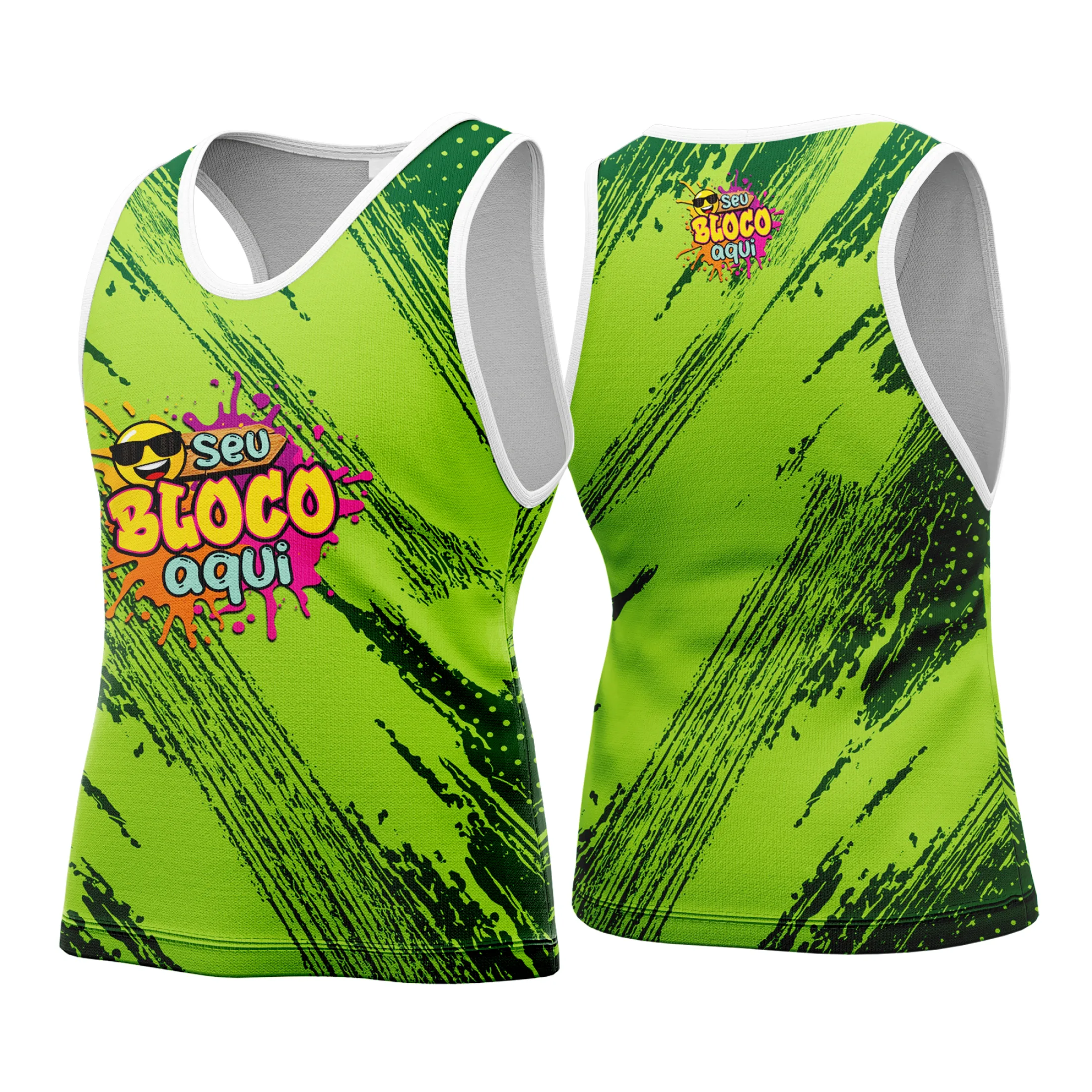 Camiseta unissex branca com logo no peito e estampa grande nas costas, tema Camisa Abadá Carnaval Personalizada 2026, ideal para festas e eventos festivos.