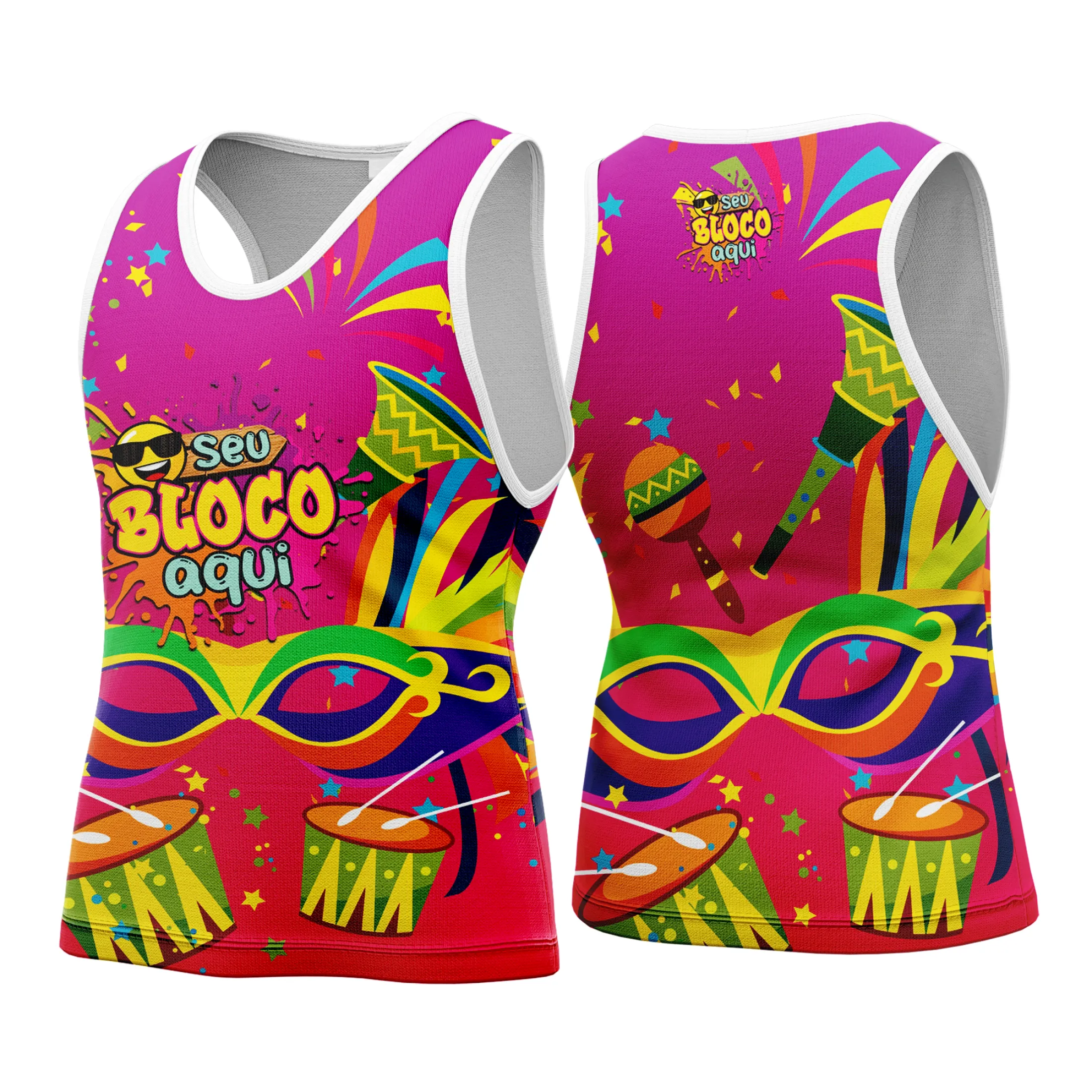 Camiseta unissex branca com logo no peito e estampa grande nas costas mostrando tema Camisa Abadá Carnaval Personalizada 2026 vibrante e colorida para festas e blocos de rua.