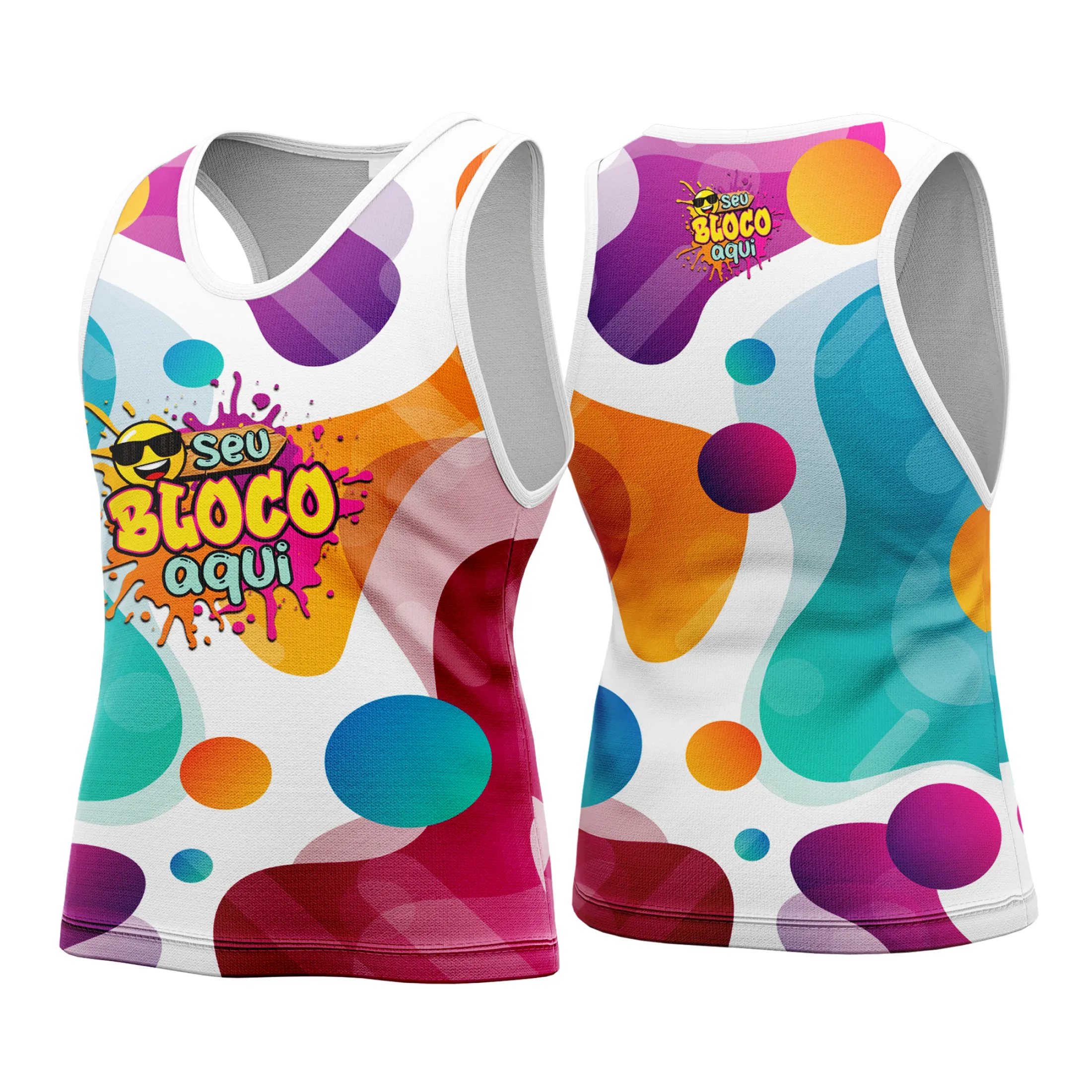 Camiseta unissex branca com logo no peito e estampa grande nas costas, tema Camisa Abadá Carnaval Personalizada 2026, visual moderno e vibrante para foliões.