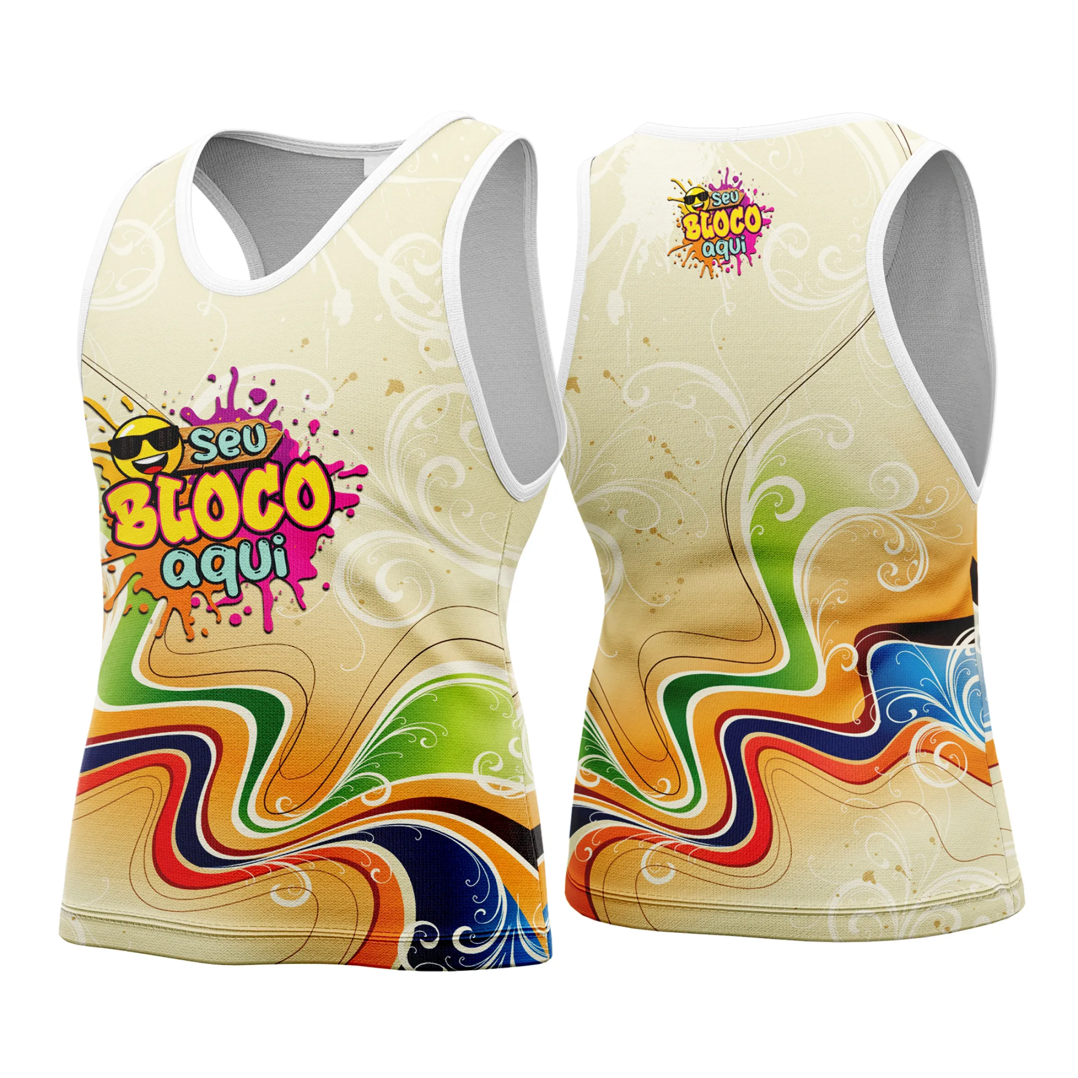 Camiseta unissex na cor branca com logo no peito e estampa grande nas costas com tema Camisa Abadá Carnaval Personalizada 2026, ideal para folia e festas animadas.