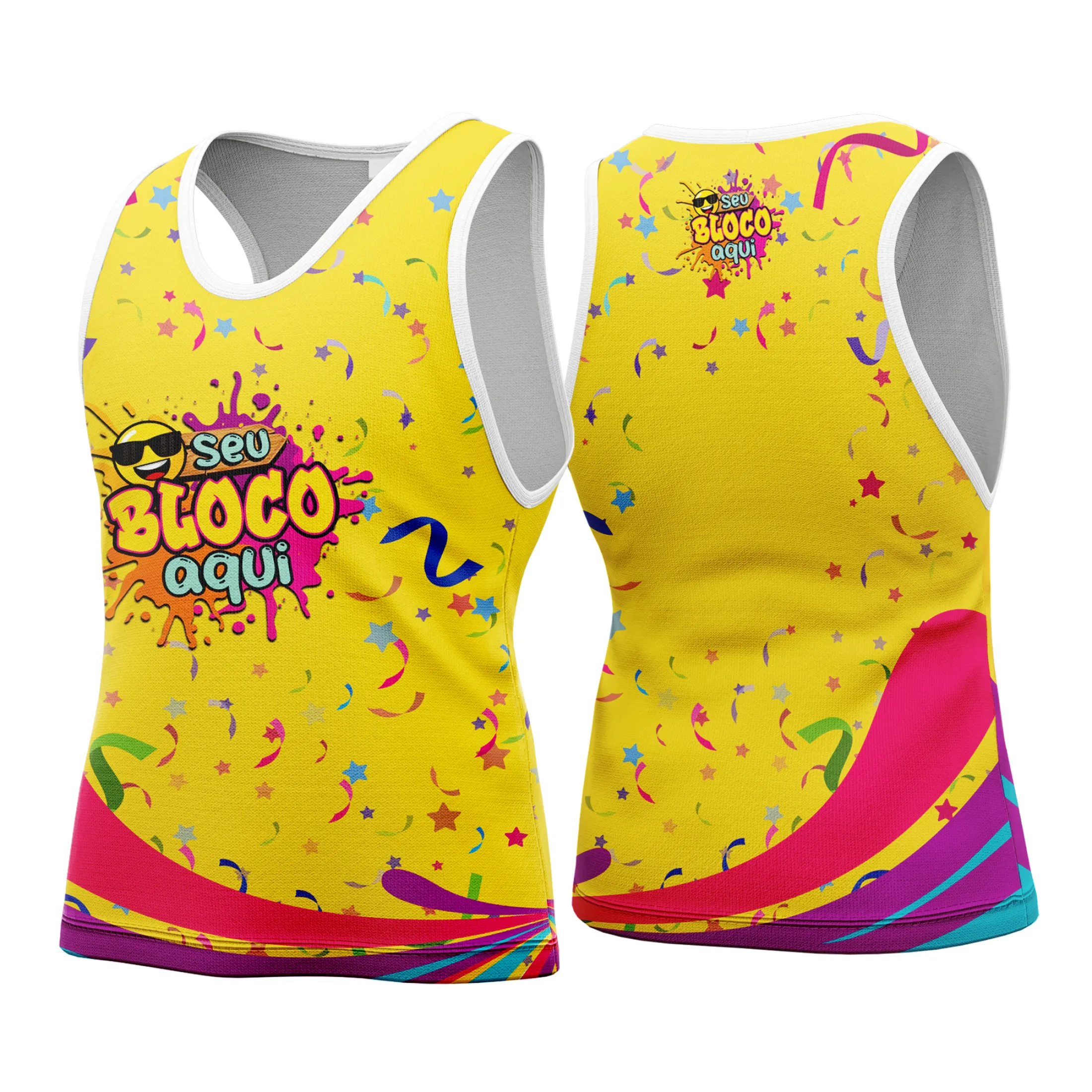 Camiseta unissex branca com logo no peito e estampa grande nas costas com tema Camisa Abadá Carnaval Personalizada 2026, perfeita para a folia com design vibrante e alegre.