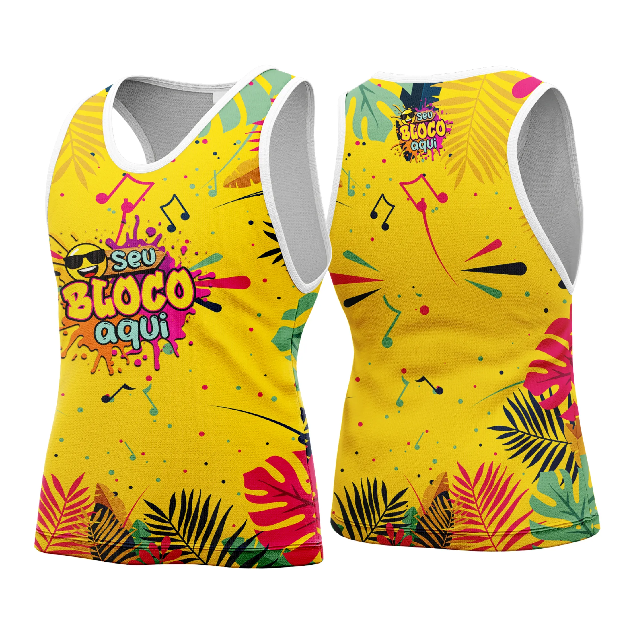 Camiseta unissex branca com logo no peito e estampa grande nas costas tema Camisa Abadá Carnaval Personalizada 2026, ideal para festas e eventos animados.