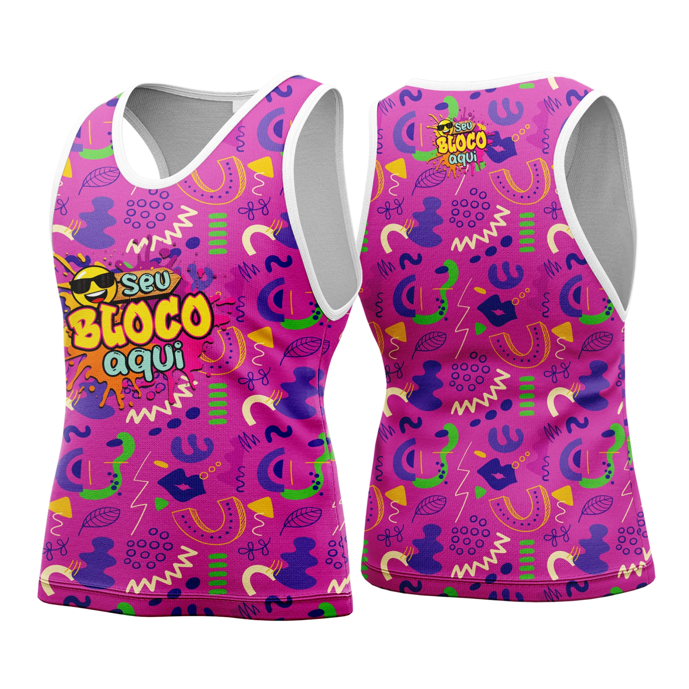 Camiseta unissex branca com logo no peito e estampa grande nas costas, tema Camisa Abadá Carnaval Personalizada 2026, perfeita para festa e carnaval.