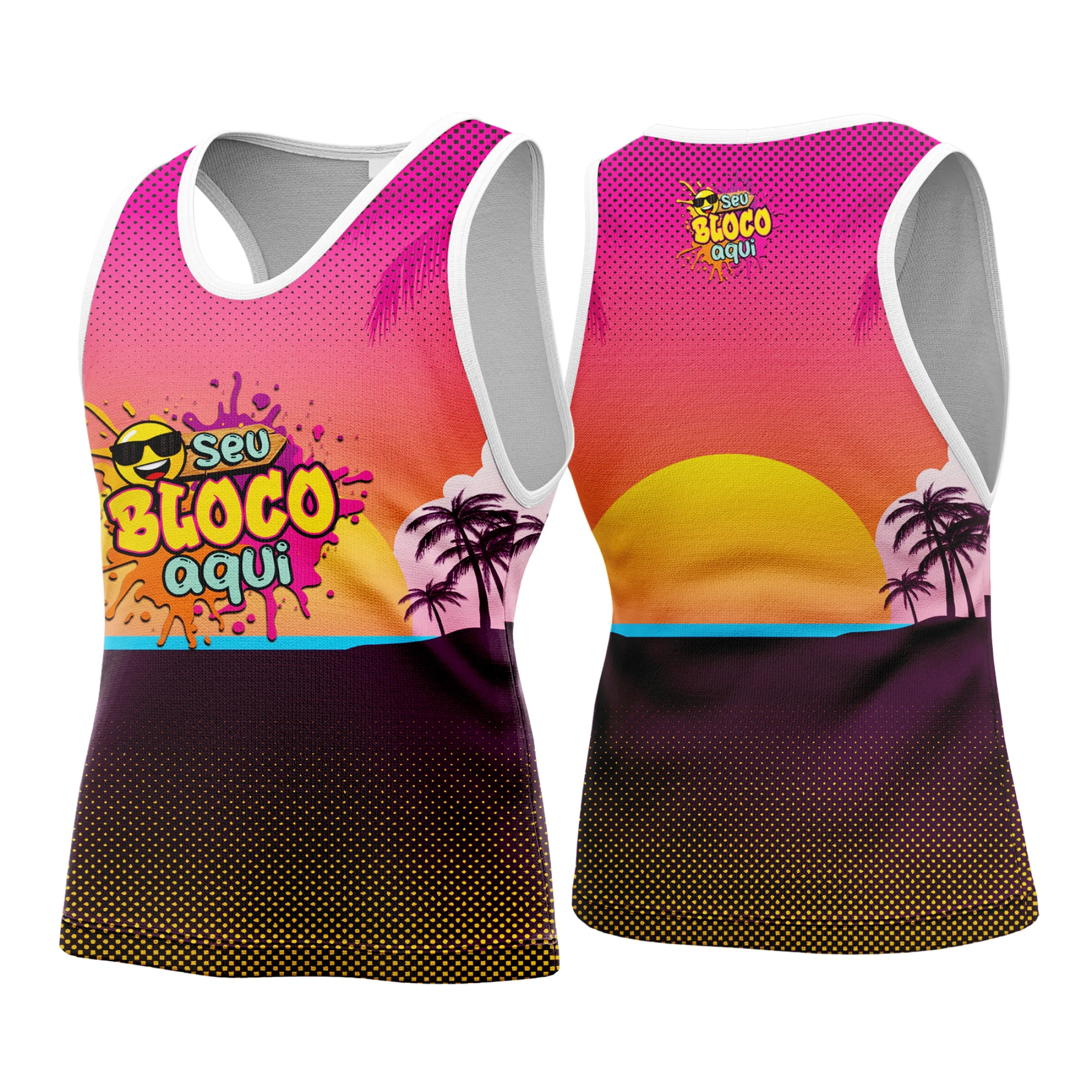 Camiseta unissex branca com logo no peito e estampa grande nas costas baseada no tema Camisa Abadá Carnaval Personalizada 2026, destacando cores vibrantes e design festivo.