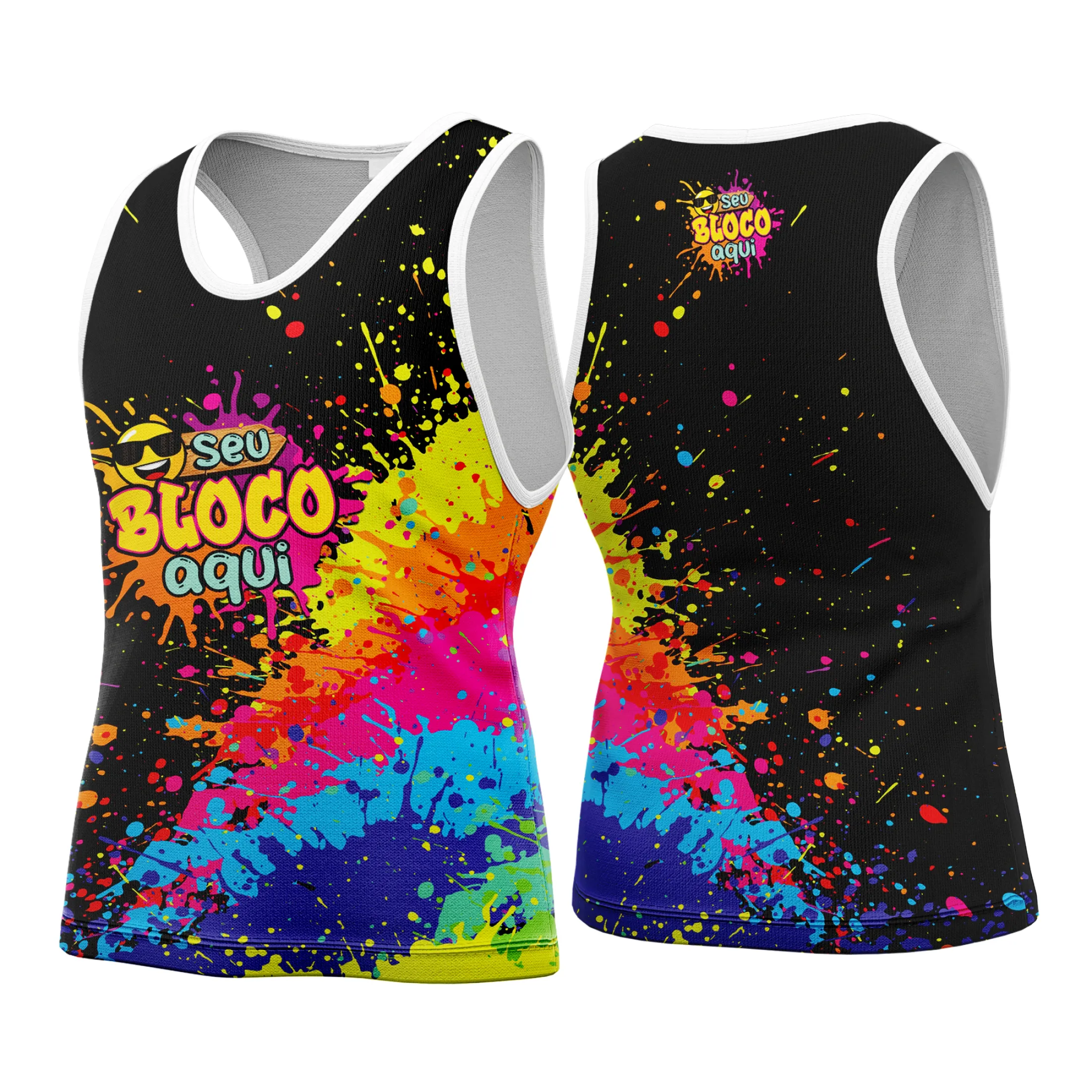 Camiseta unissex branca com logo no peito e estampa grande nas costas personalizada para o Carnaval 2026, design vibrante e alegre para celebrar a festa com estilo e conforto.