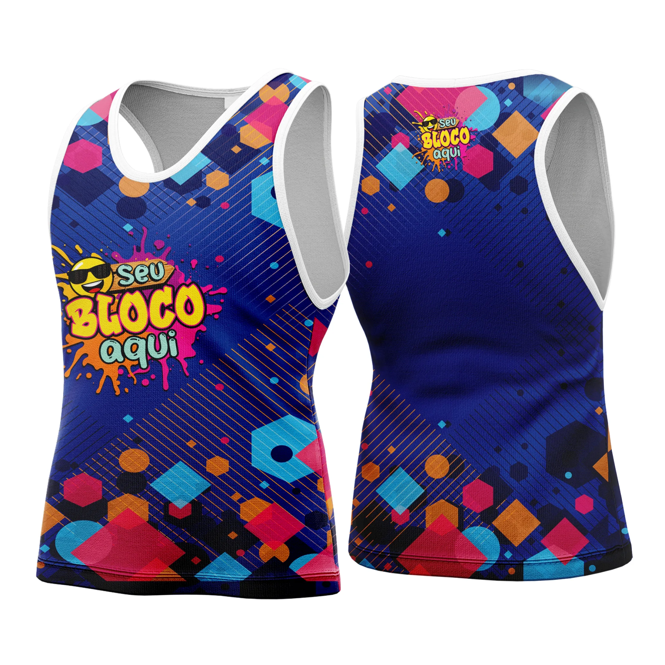 Camiseta unissex branca com logo no peito e estampa grande nas costas com tema Camisa Abadá Carnaval Personalizada 2026, ideal para festa e folia.