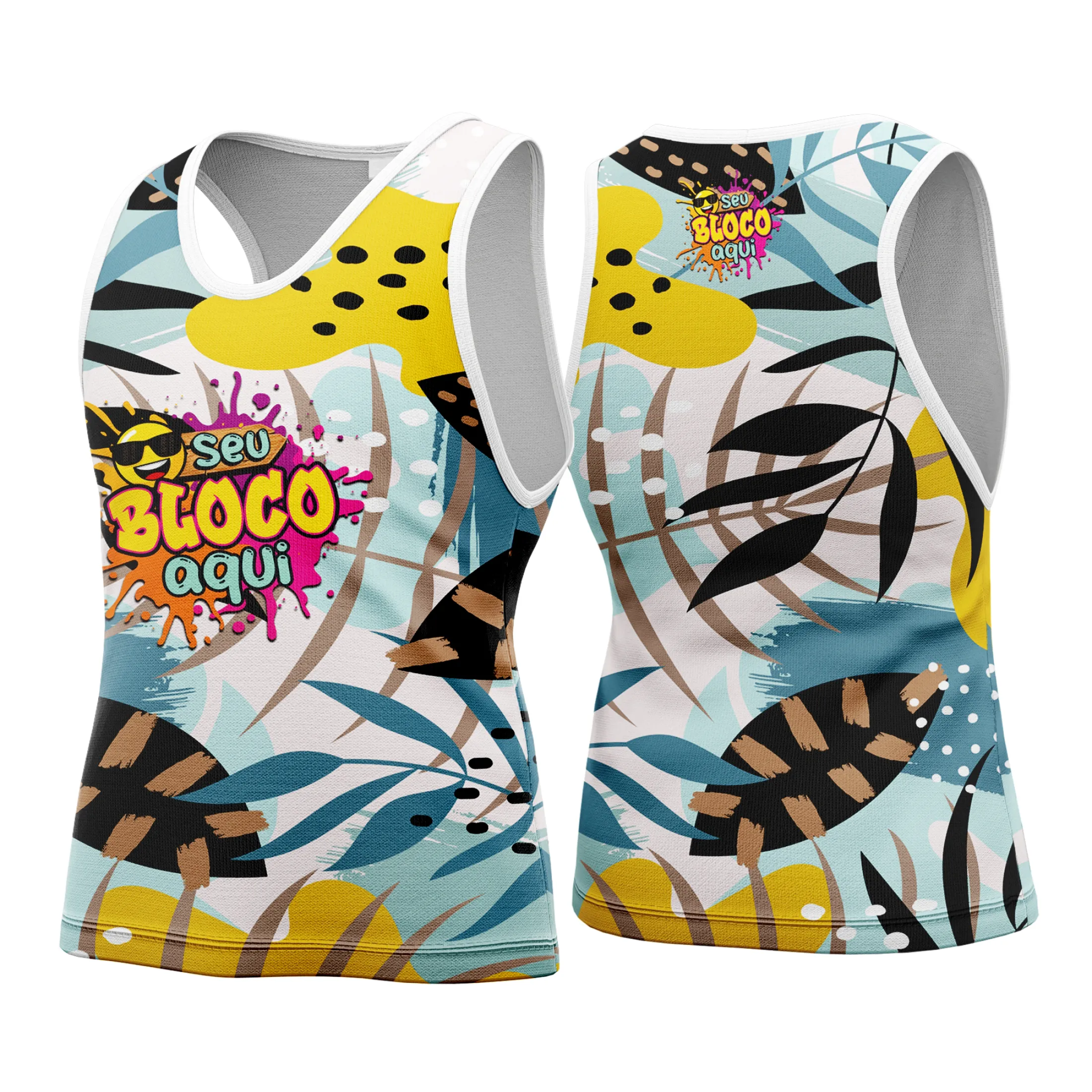 Camiseta unissex branca com logo no peito e estampa grande nas costas, tema Camisa Abadá Carnaval Personalizada 2026, design vibrante e colorido, ideal para folia e eventos festivos.