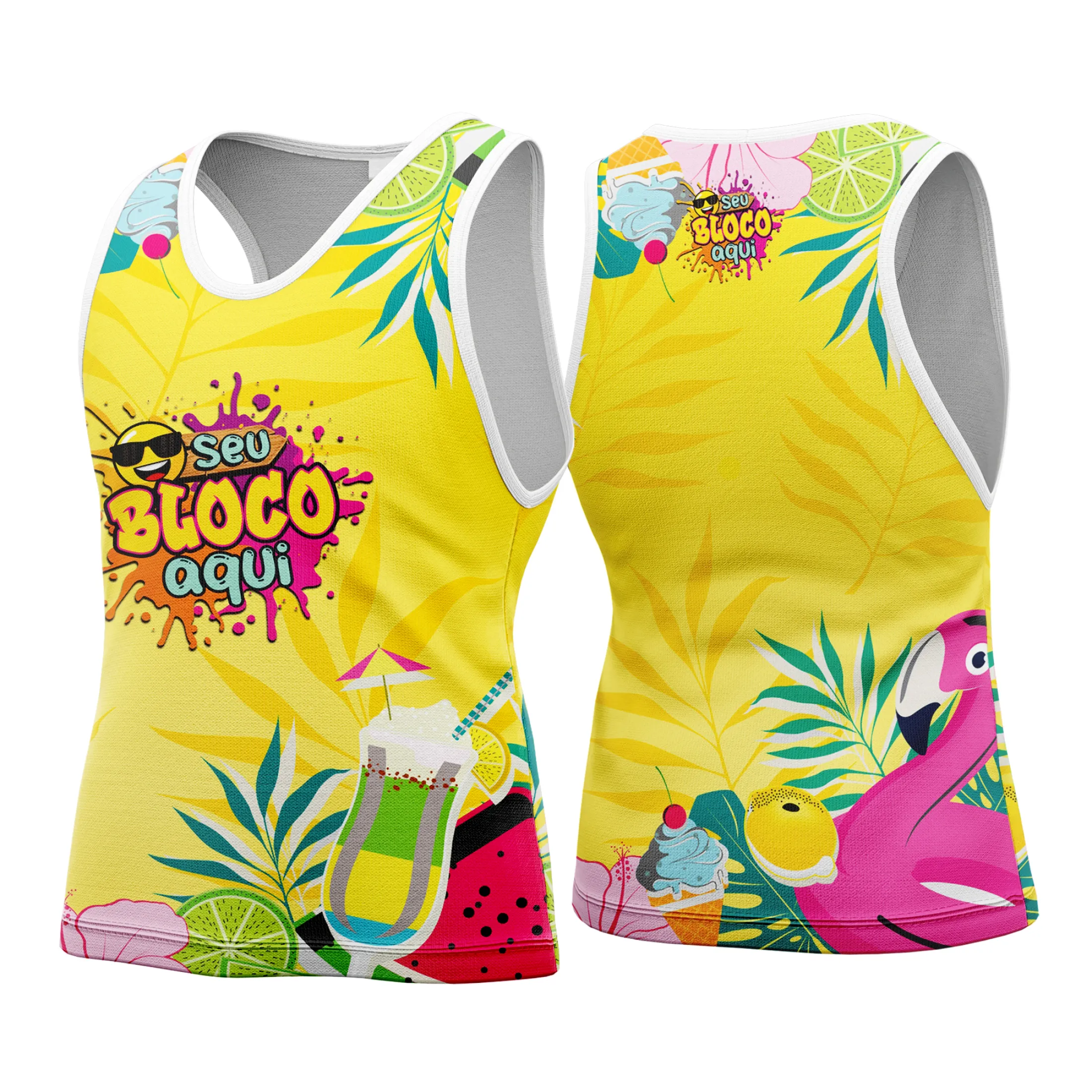 Camiseta unissex branca com logo no peito e estampa grande nas costas com tema Camisa Abadá Carnaval Personalizada 2026, perfeita para festa e folia.