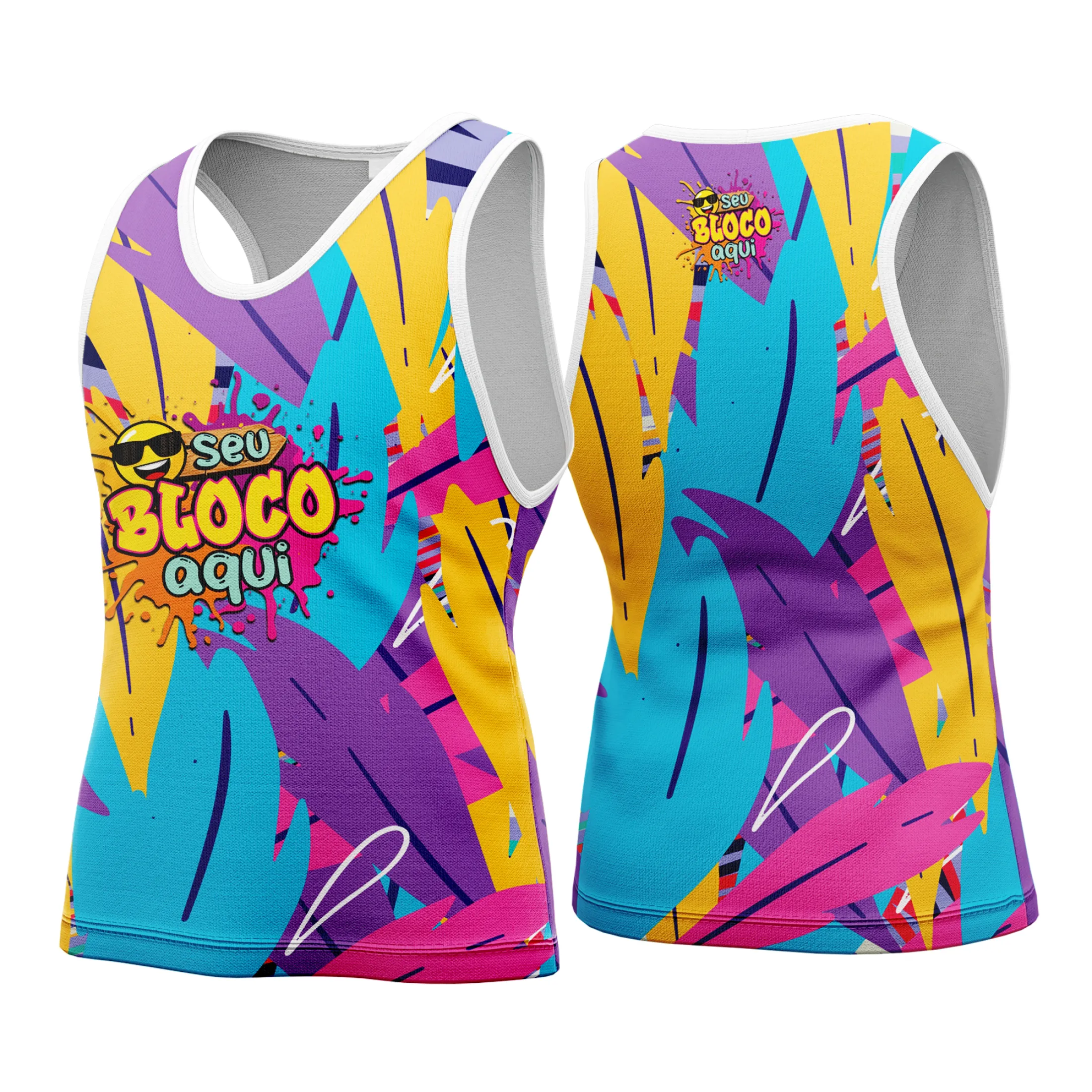 Foto da camiseta unissex branca com logo no peito e estampa grande nas costas, tema Camisa Abadá Carnaval Personalizada 2026, ideal para festa com design vibrante e alegre.