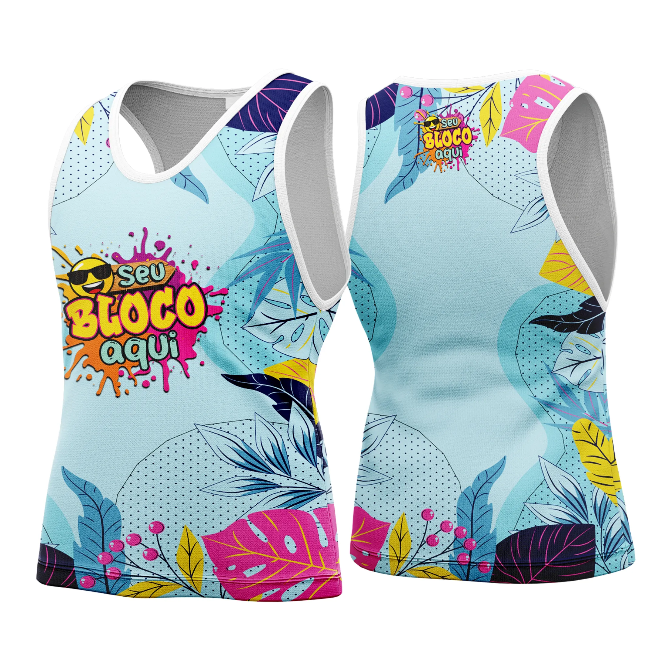 Camiseta unissex branca com logo no peito e estampa grande nas costas, tema Camisa Abadá Carnaval Personalizada 2026 vibrante e festivo para celebrar o carnaval de forma única.