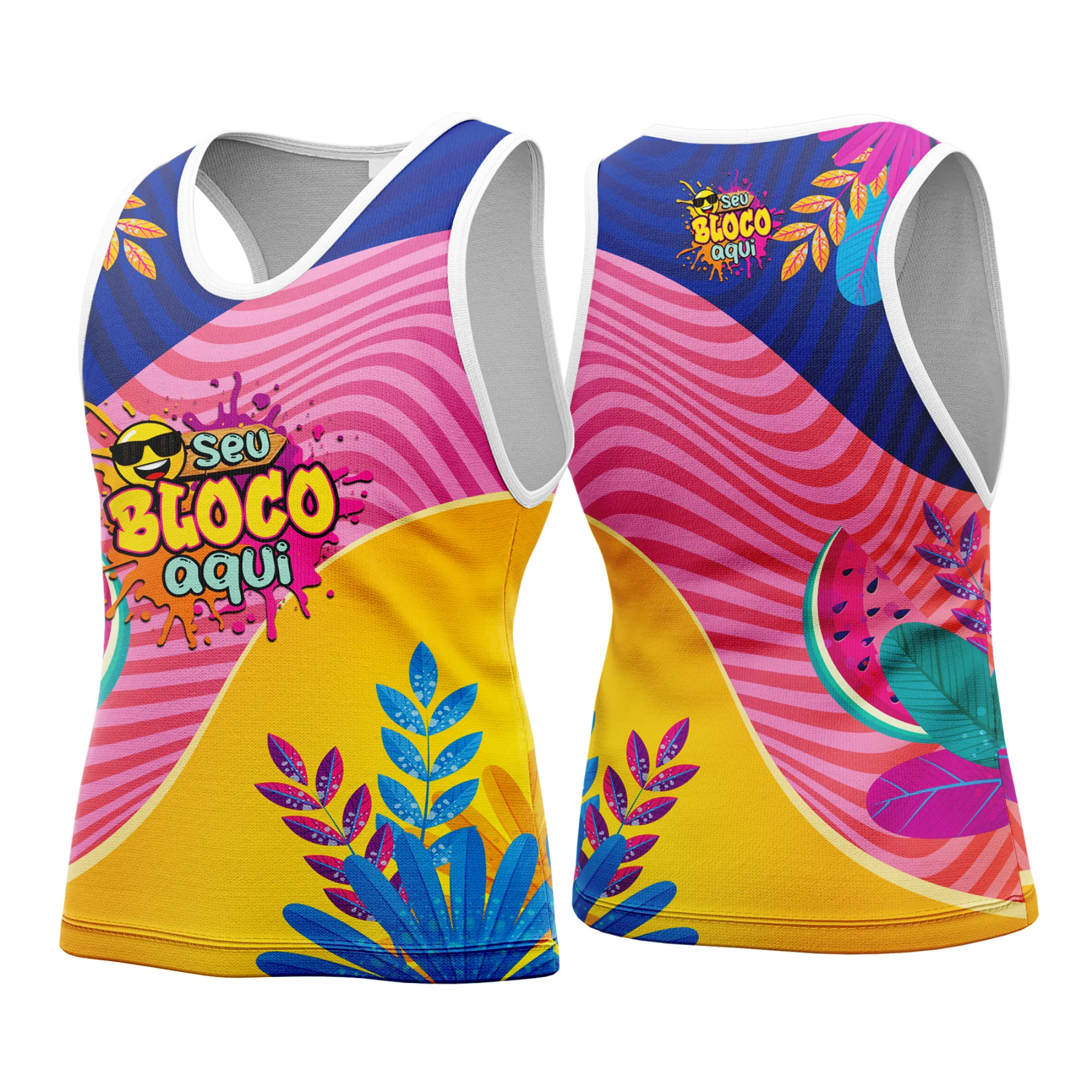 Foto de camiseta unissex branca com logo no peito e estampa grande nas costas, tema Camisa Abadá Carnaval Personalizada 2026, ideal para festas e blocos de rua.