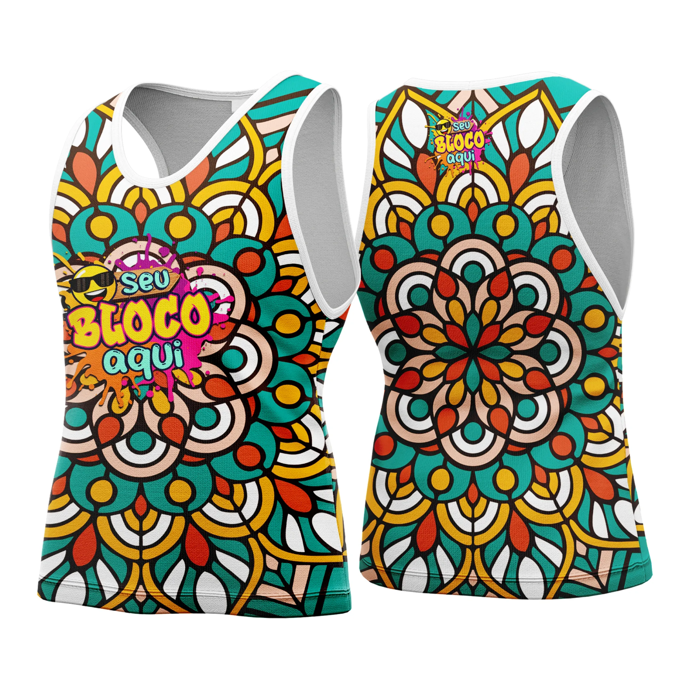 Camiseta unissex branca com logo no peito e estampa grande nas costas, design vibrante para o Carnaval 2026, perfeita para curtir a festa com identidade e estilo.