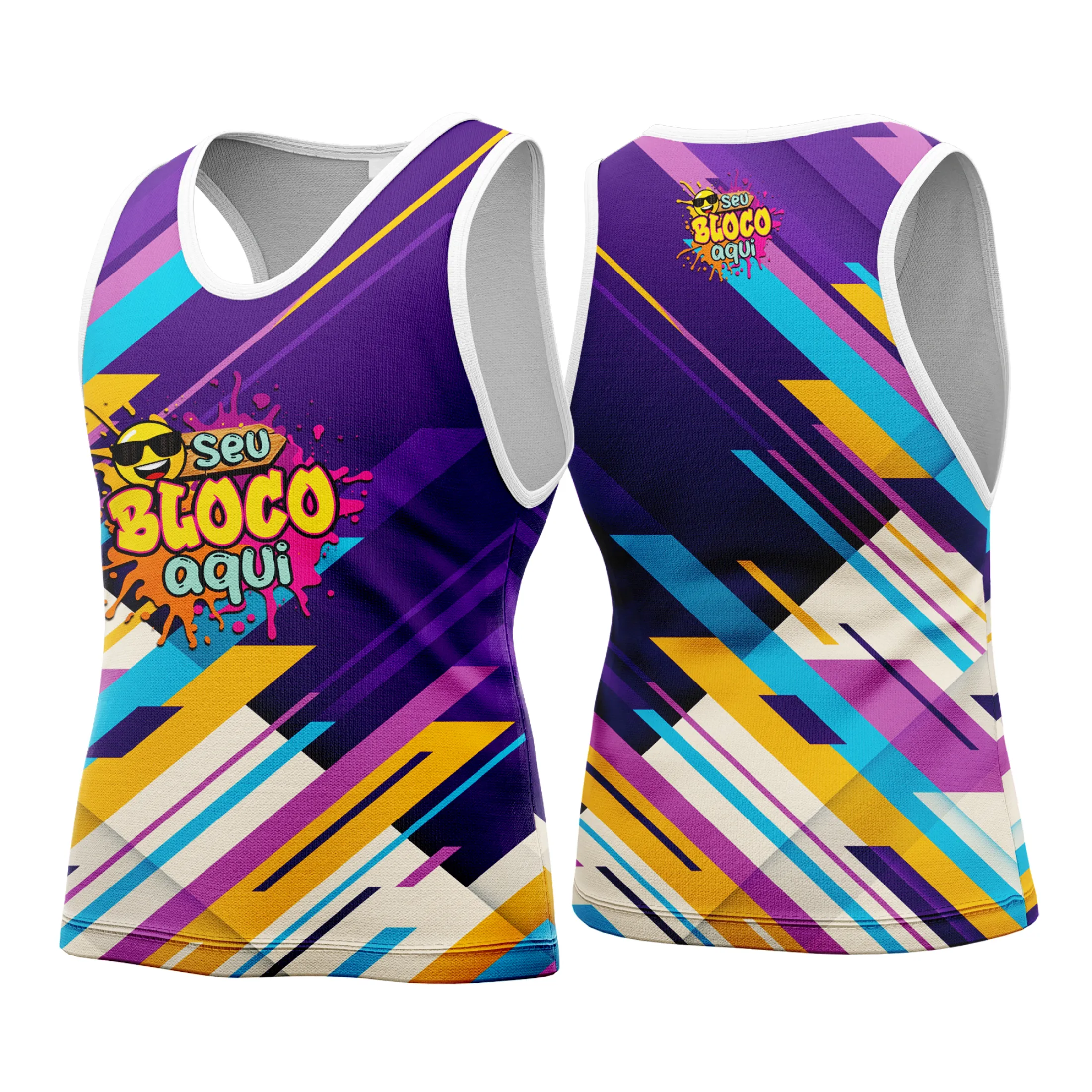 Camiseta unissex branca com logo no peito e estampa grande nas costas, tema Camisa Abadá Carnaval Personalizada 2026, ideal para festas e celebrações.