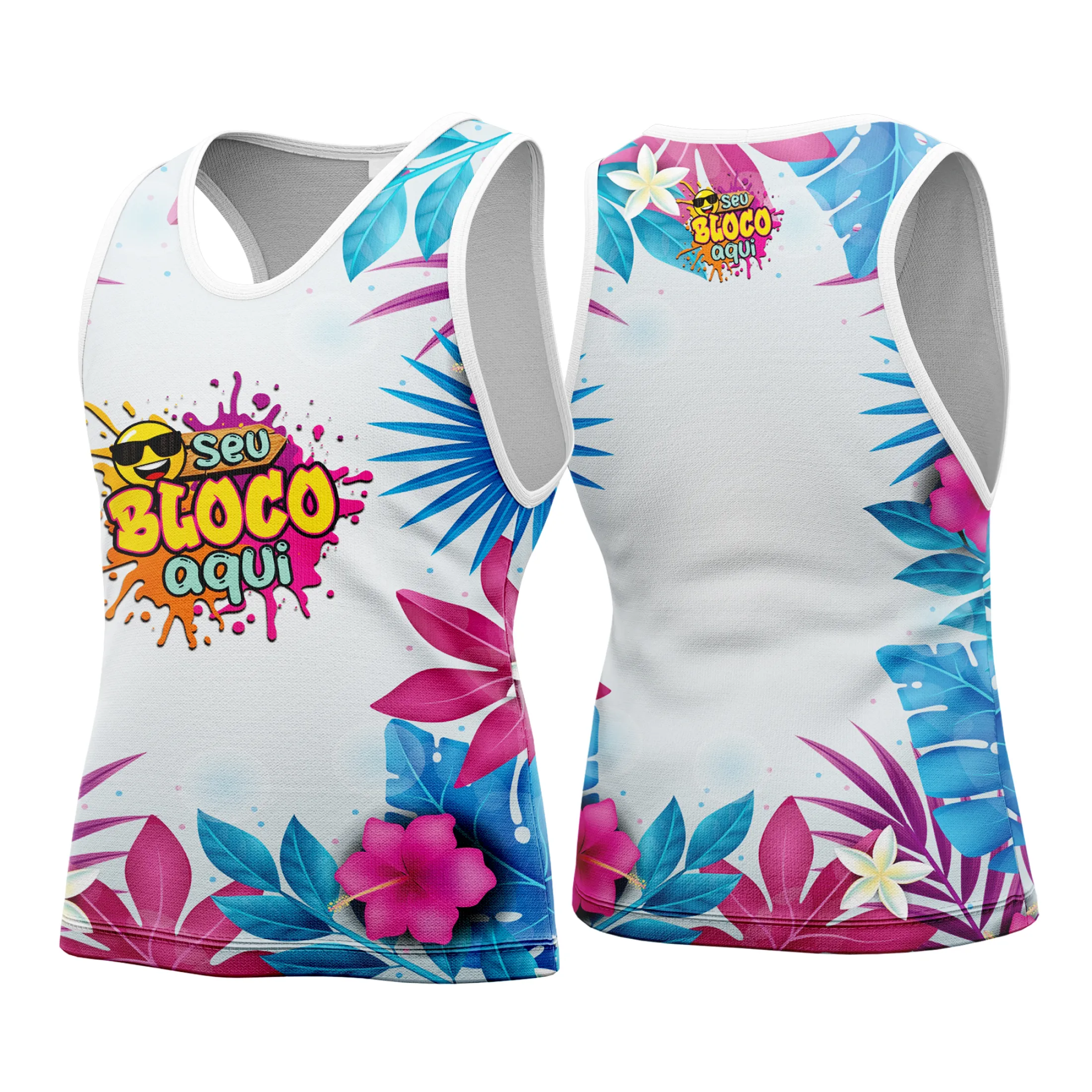 Camiseta unissex branca com logo no peito e estampa grande nas costas mostrando tema Camisa Abadá Carnaval Personalizada 2026, ideal para a folia com estilo e conforto.