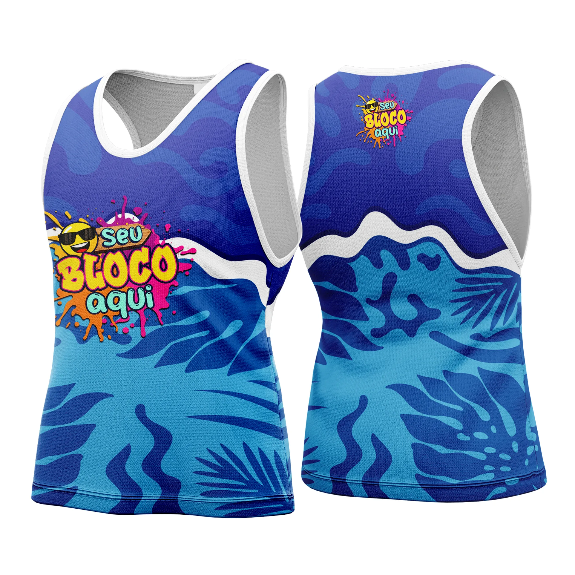 Foto de camiseta unissex branca com logo no peito e estampa grande nas costas, tema Camisa Abadá Carnaval Personalizada 2026, ideal para festas e blocos de rua.