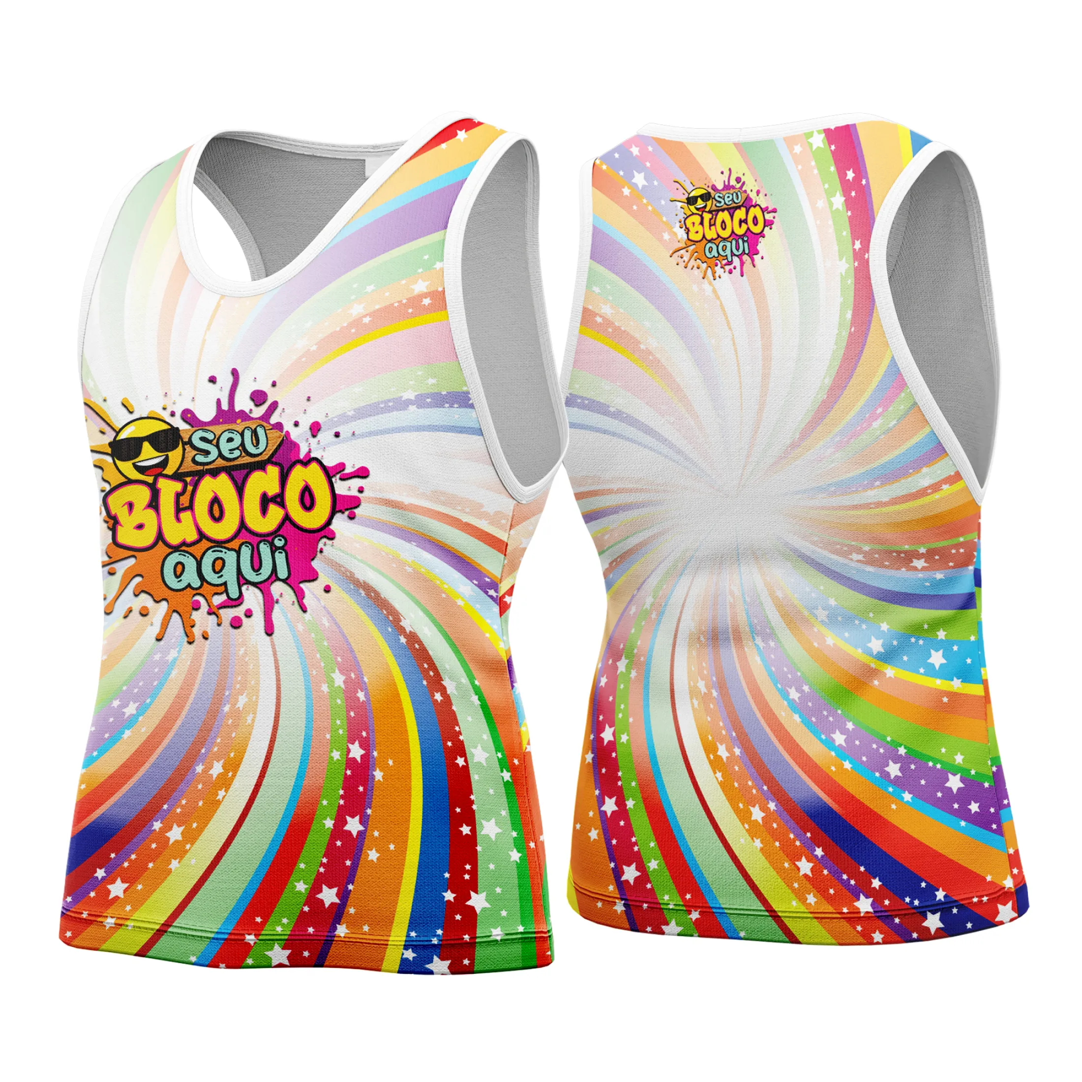 Camiseta unissex branca com logo no peito e estampa grande nas costas, tema Camisa Abadá Carnaval Personalizada 2026, perfeita para festas e bloco de carnaval.