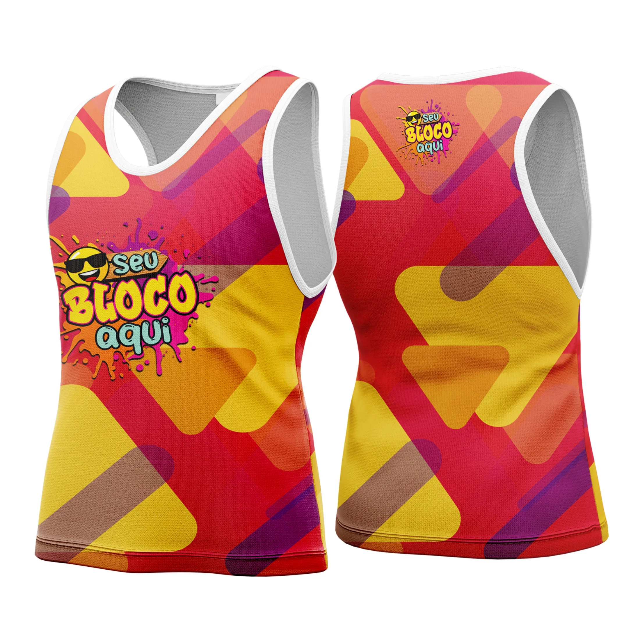 Camiseta unissex branca com logo no peito e estampa grande nas costas, tema Camisa Abadá Carnaval Personalizada 2026, estilo vibrante e festivo, ideal para curtir o carnaval com conforto e estilo.